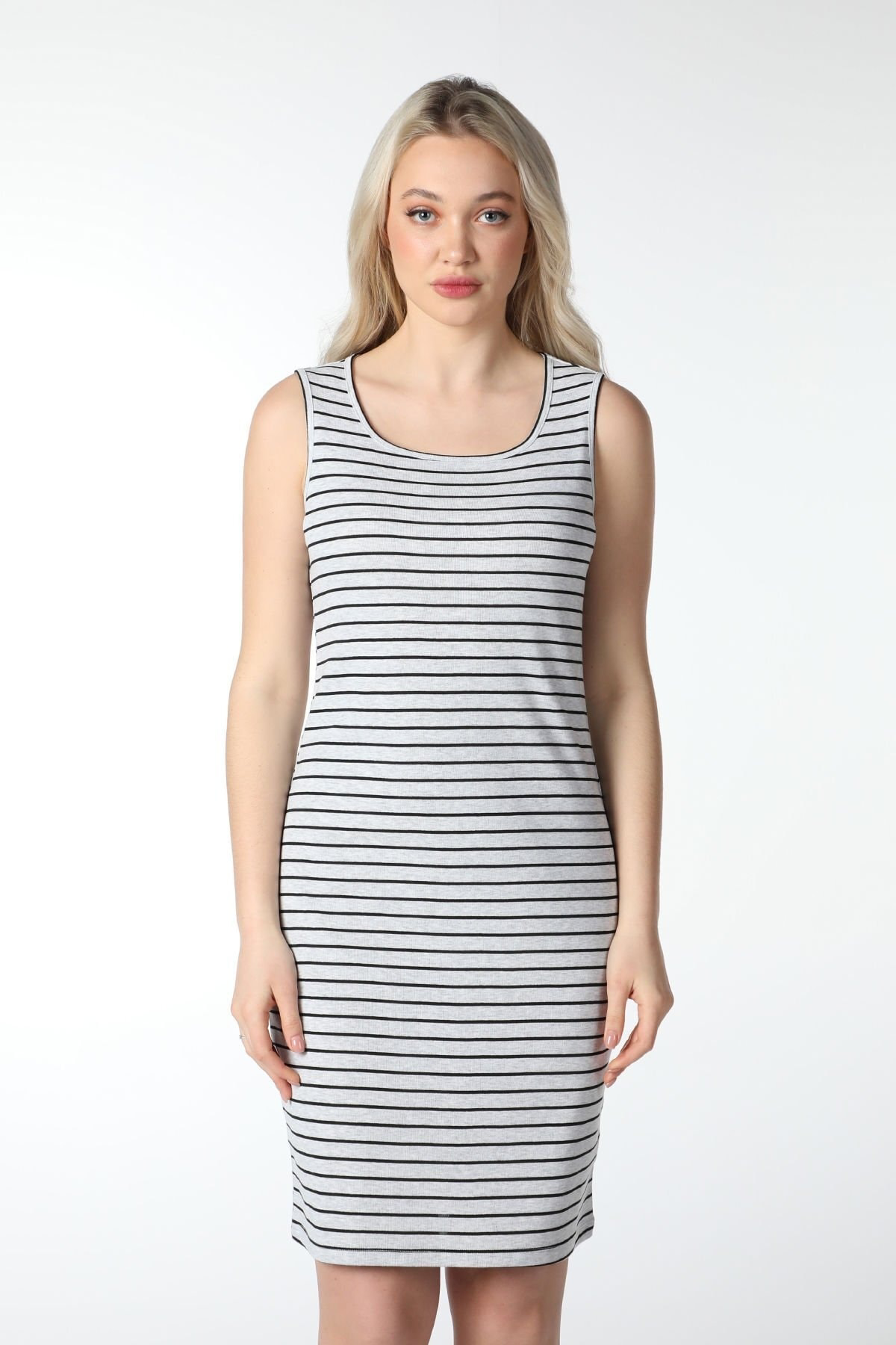 Kadın U Yaka Sıfır Kol Regular Fit Çizgili Elbise Antarsit-Beyaz