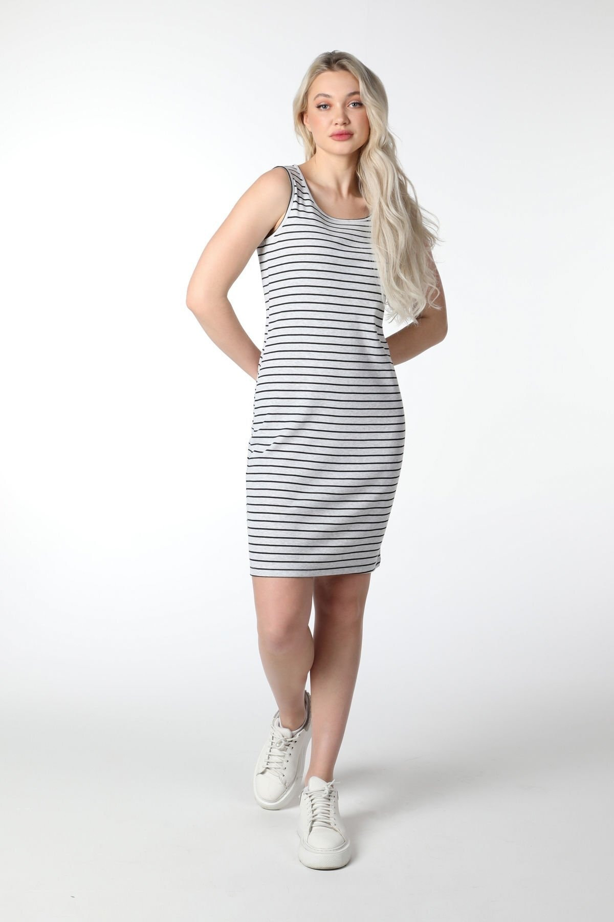 Kadın U Yaka Sıfır Kol Regular Fit Çizgili Elbise Antarsit-Beyaz