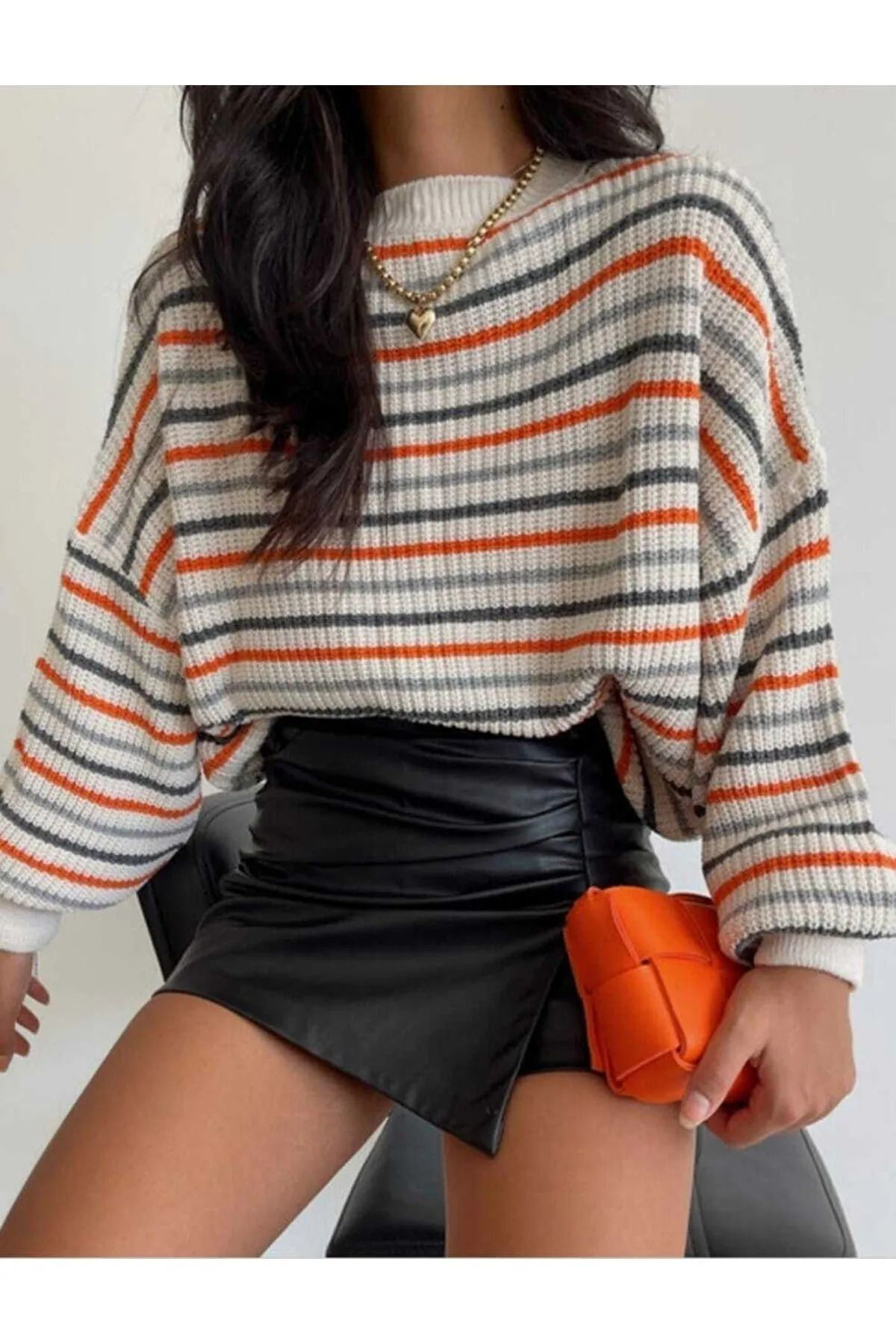 Nivea - Black White Forever Kadın Çizgili Selanik Örgü Triko Kazak