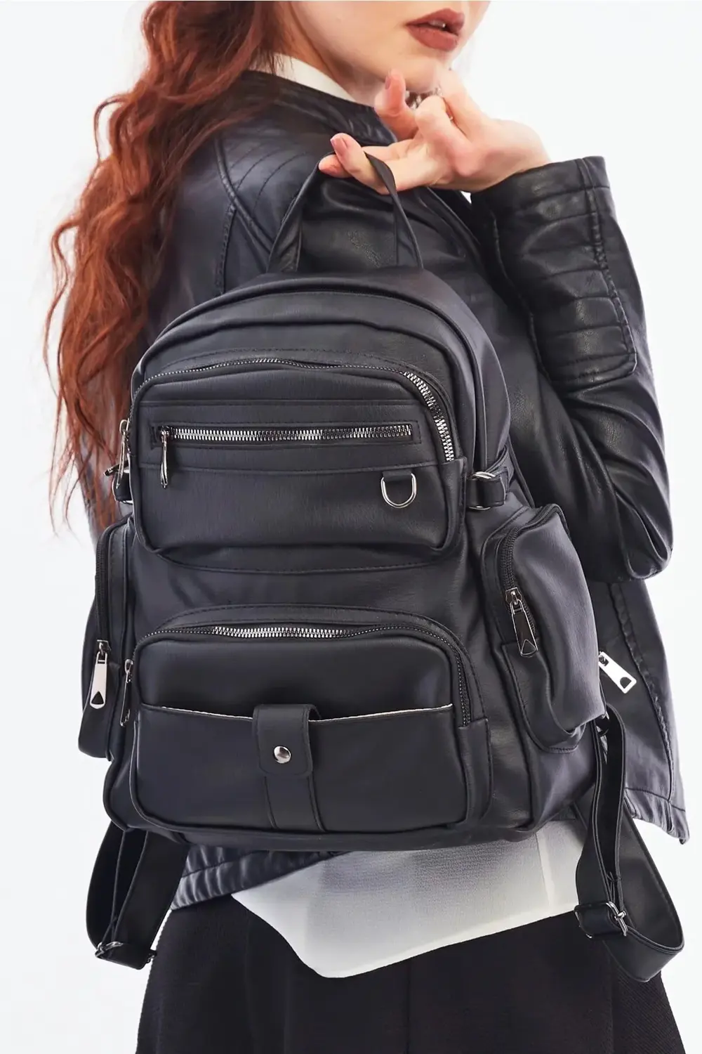 Kadın Çok Bölmeli Yıkama Deri Sırt Çanta