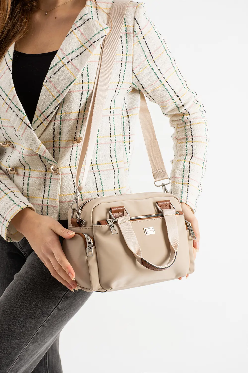 Kadın Çok Gözlü Kum Taba Garnili Ayarlanbilir Çapraz Askılı El ve