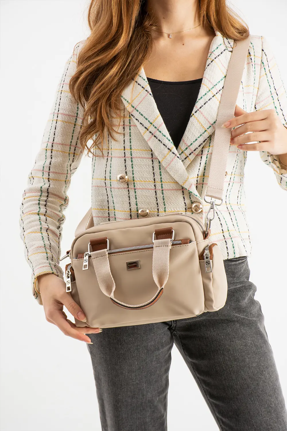 Kadın Çok Gözlü Kum Taba Garnili Ayarlanbilir Çapraz Askılı El ve