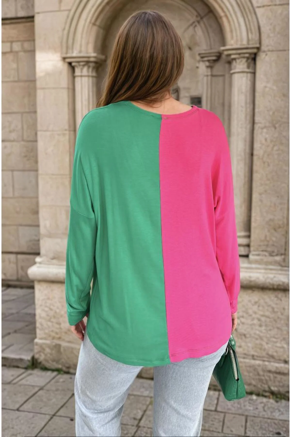 Kadın Color Block Uzun Kol V Yaka Rahat Bluz 3587200