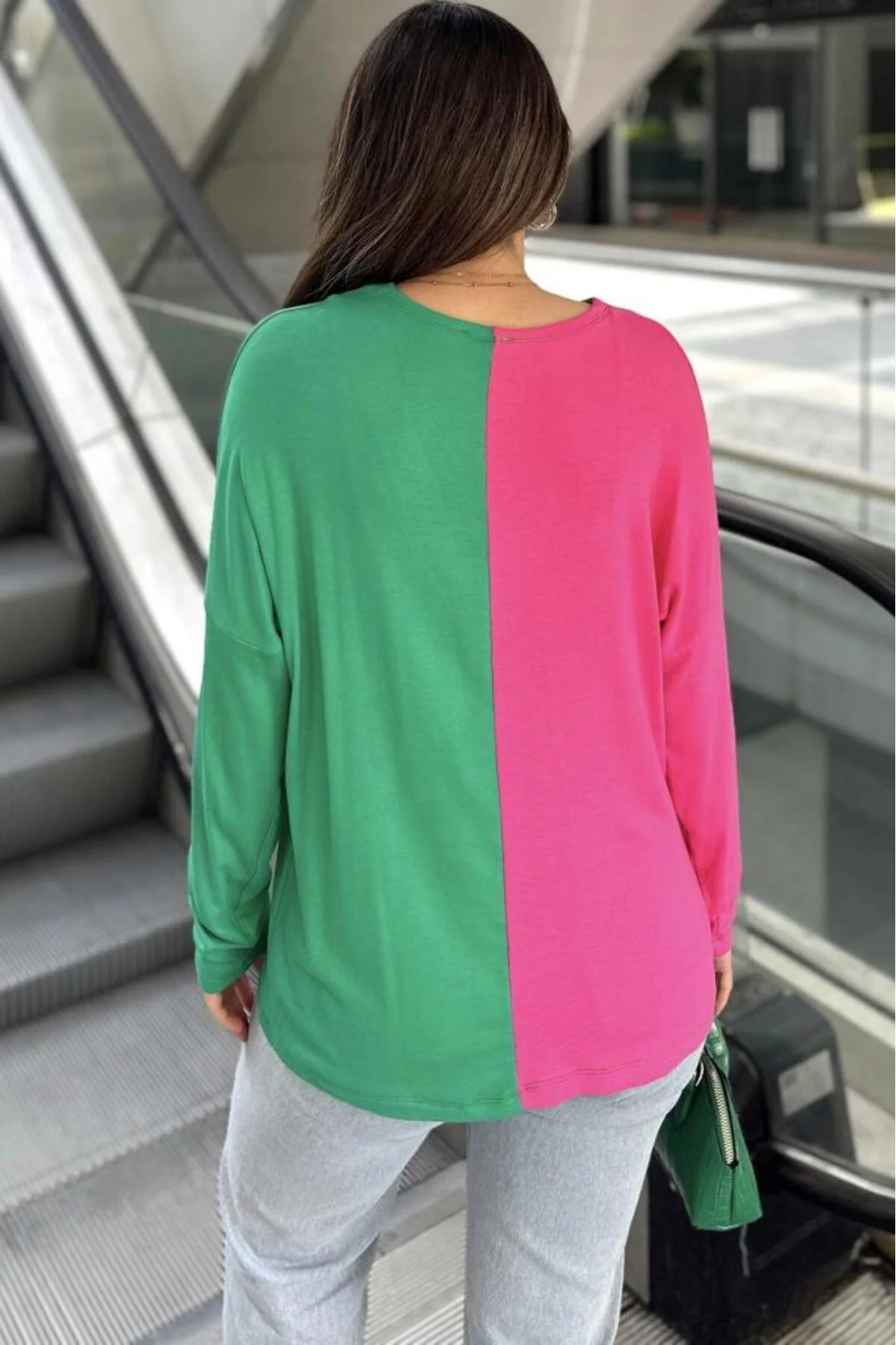 Kadın Color Block Uzun Kol V Yaka Rahat Bluz 3587200