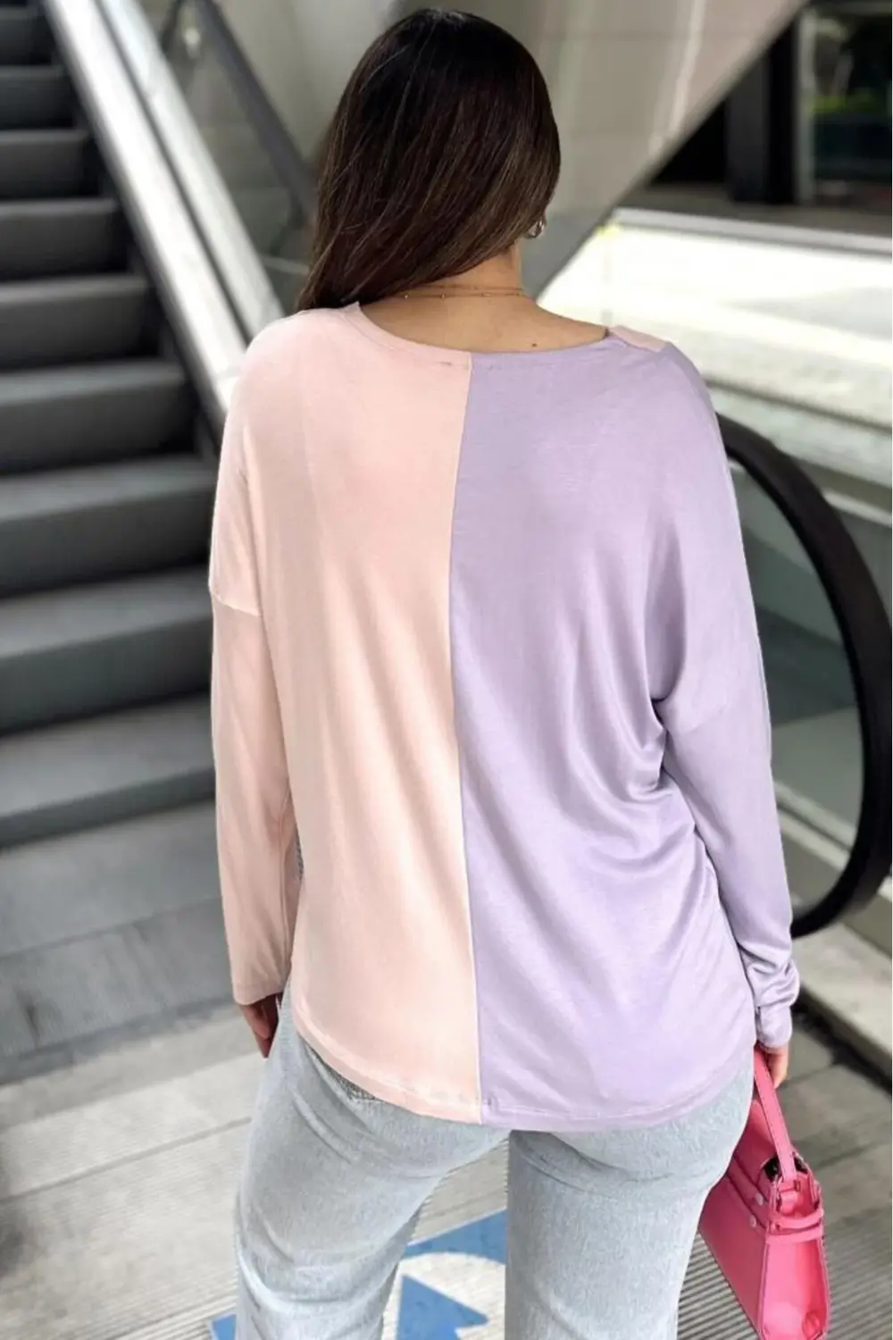 Kadın Color Block Uzun Kol V Yaka Rahat Bluz 3587200