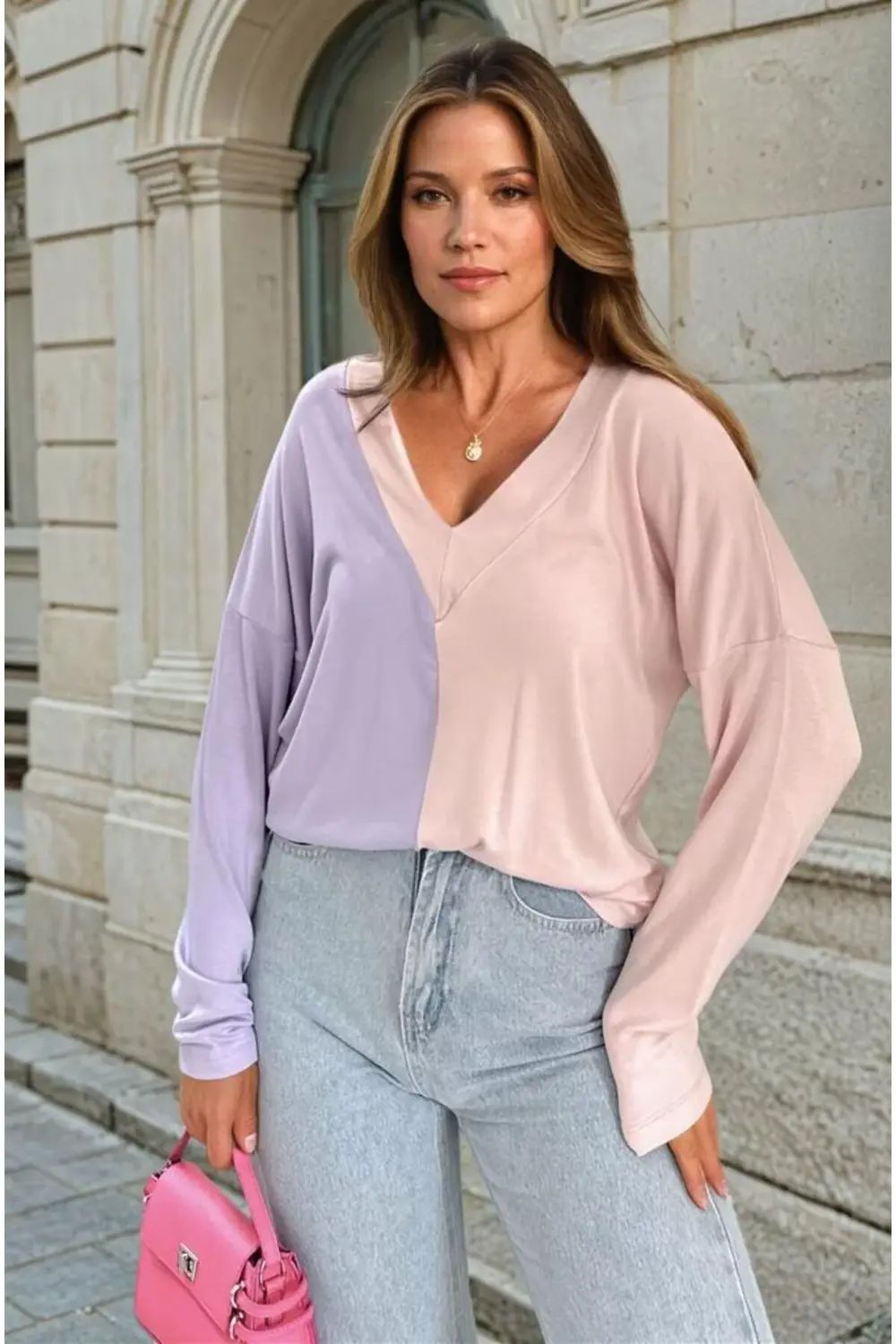 Kadın Color Block Uzun Kol V Yaka Rahat Bluz 3587200