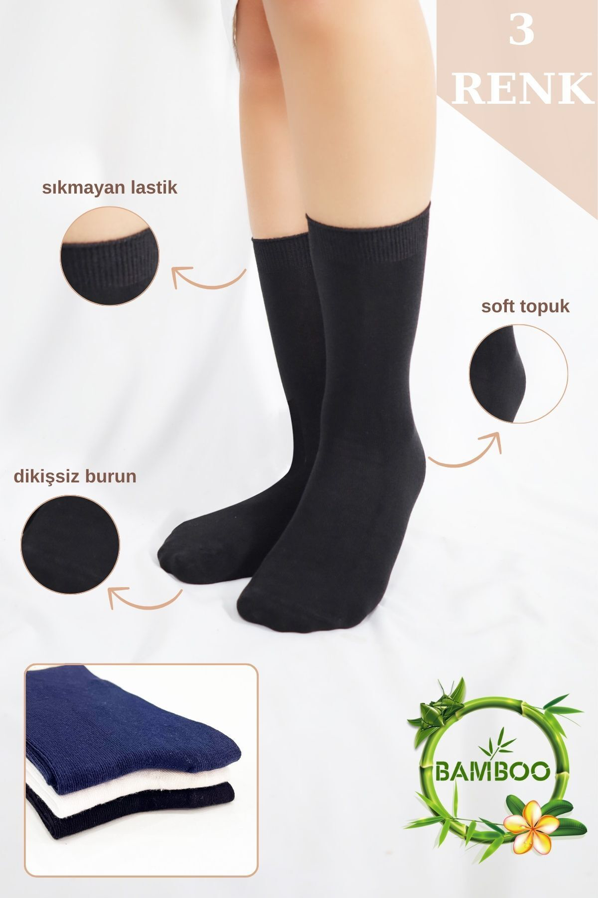 Kadın Çorabı Ter Emici Dikişsiz Extra Soft Model Soket Uzun Bambu