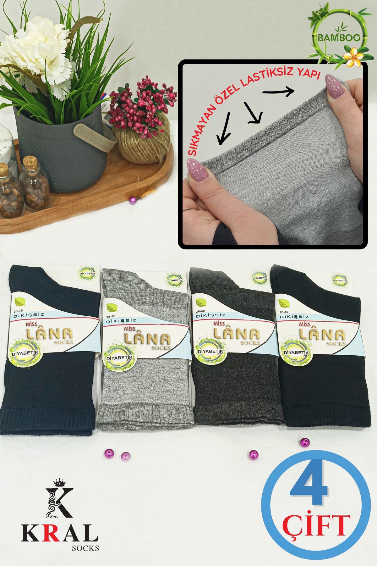 Kral Socks Kadin Çorap 4 Çift Bambu Lastiksiz Dikişsiz Esnek Ayaği Sikmayan 