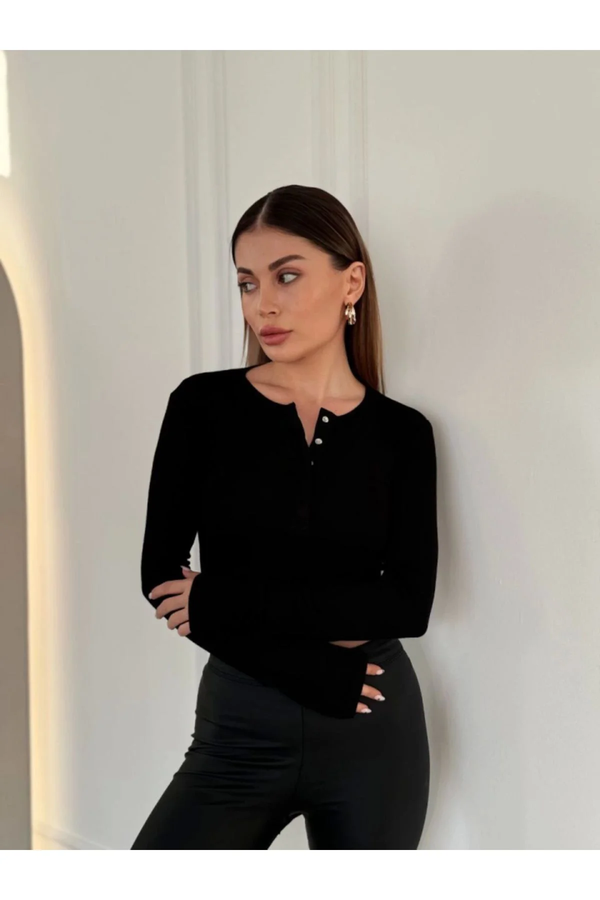 KADIN CROP BLUZ  Cıt Cıt Detaylı Uzun Kollu Crop