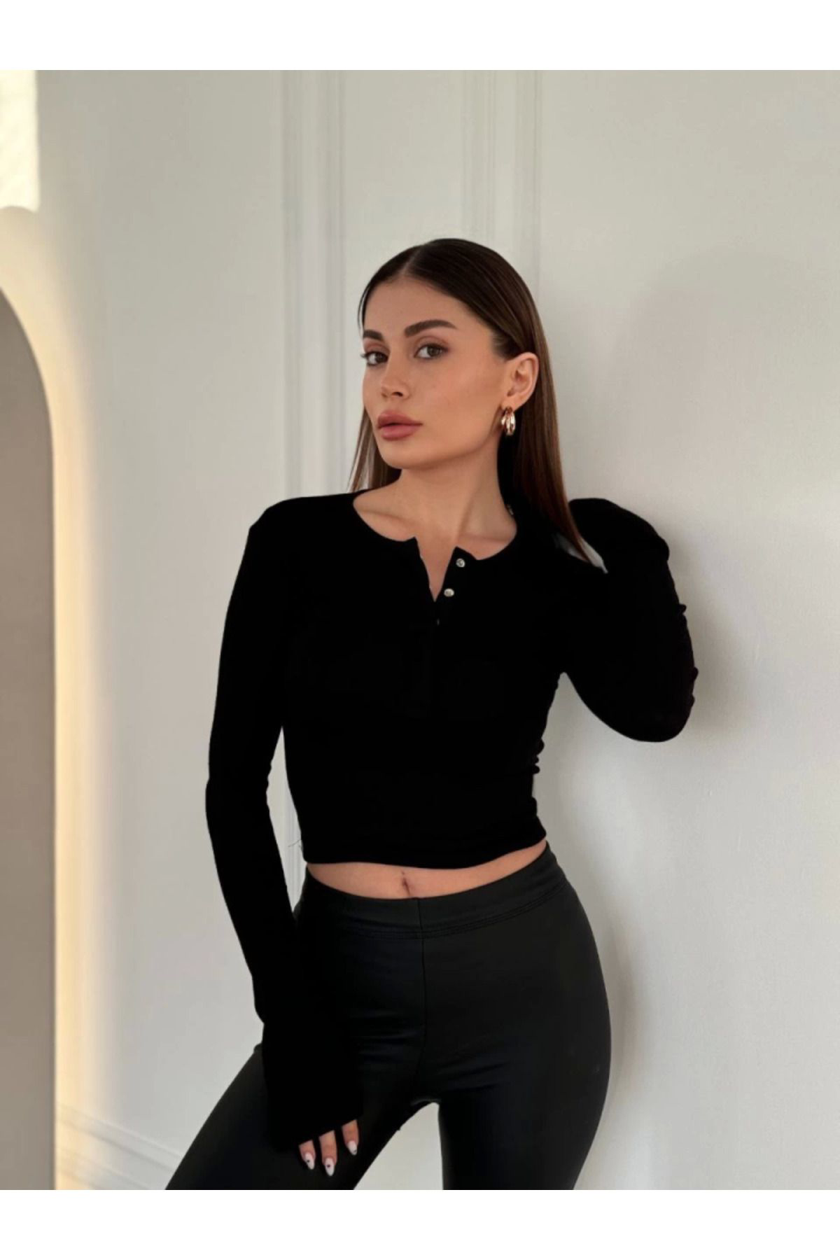 KADIN CROP BLUZ  Cıt Cıt Detaylı Uzun Kollu Crop