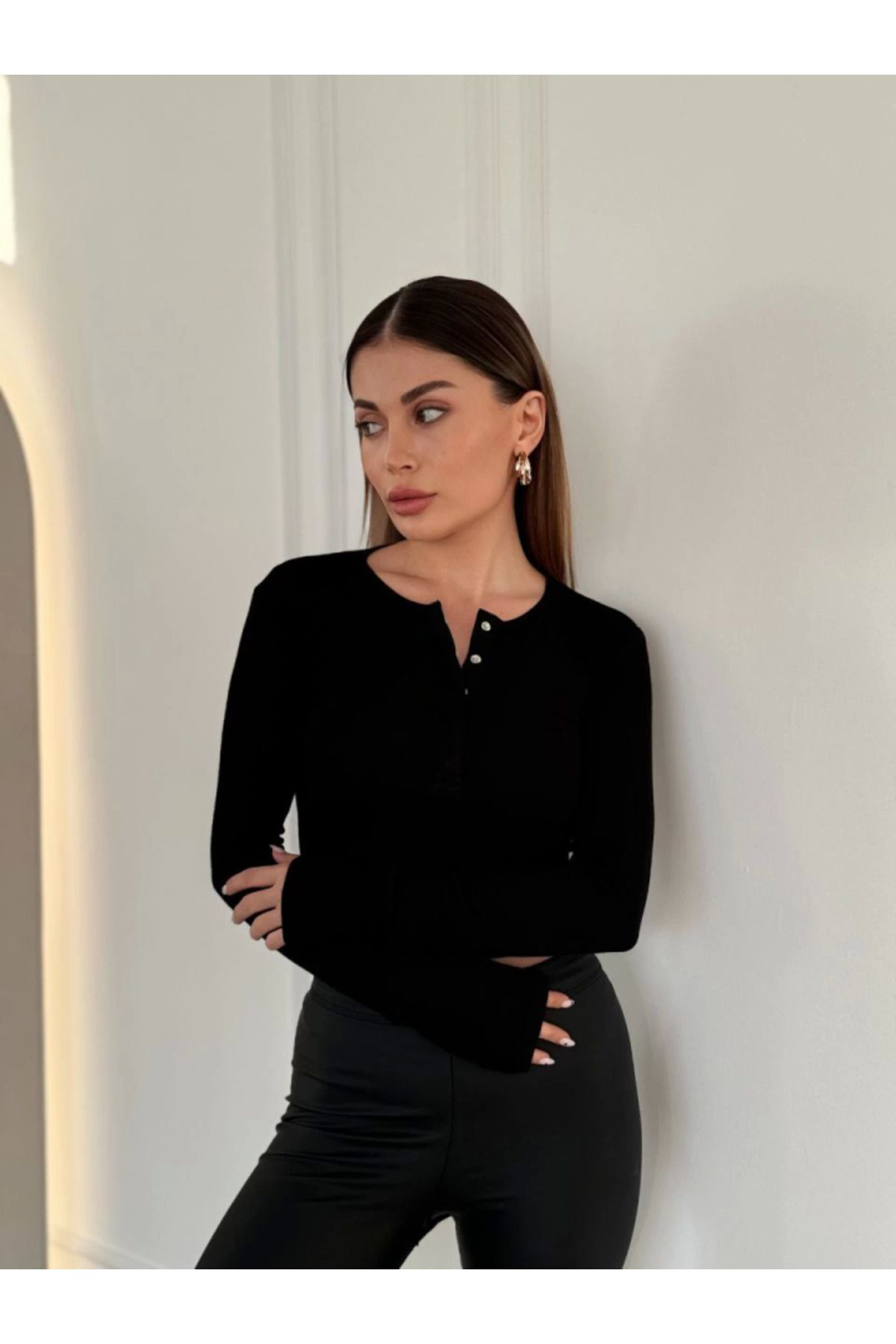 KADIN CROP BLUZ  Cıt Cıt Detaylı Uzun Kollu Crop
