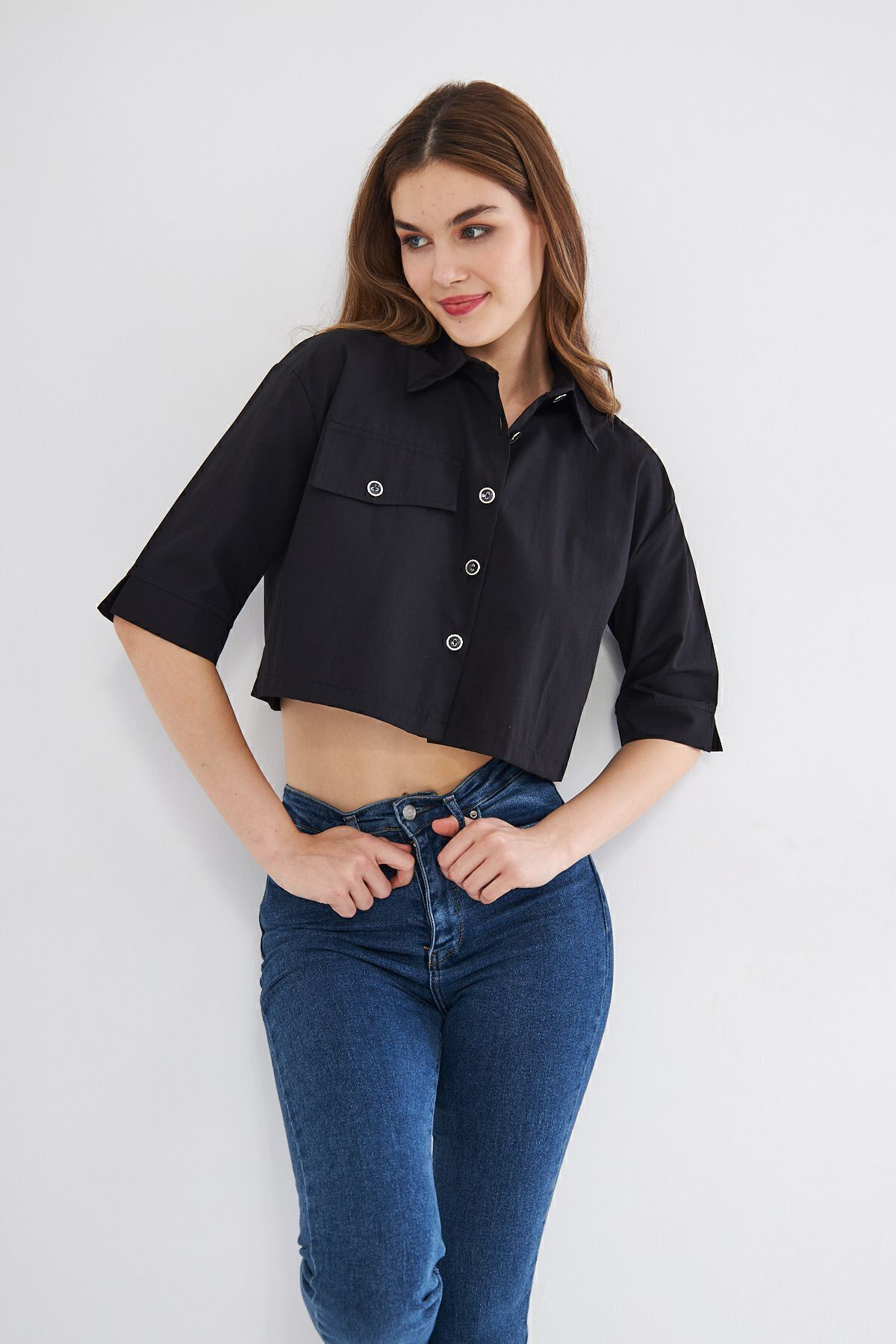 Kadın Crop Cepli Kısa Terrycotton Kaliteli Kumaş Turuncu Gömlek-