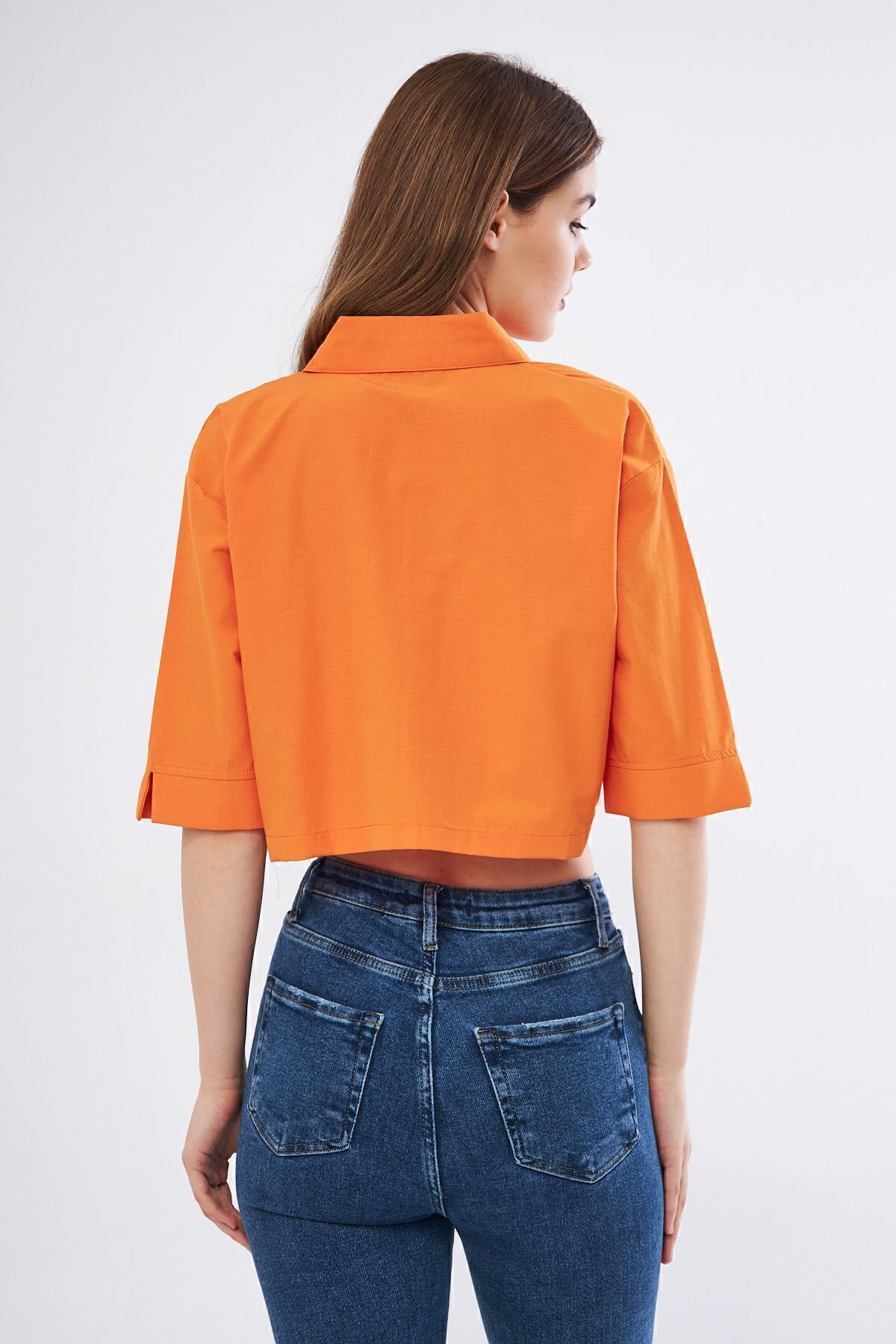 Kadın Crop Cepli Kısa Terrycotton Kaliteli Kumaş Turuncu Gömlek-