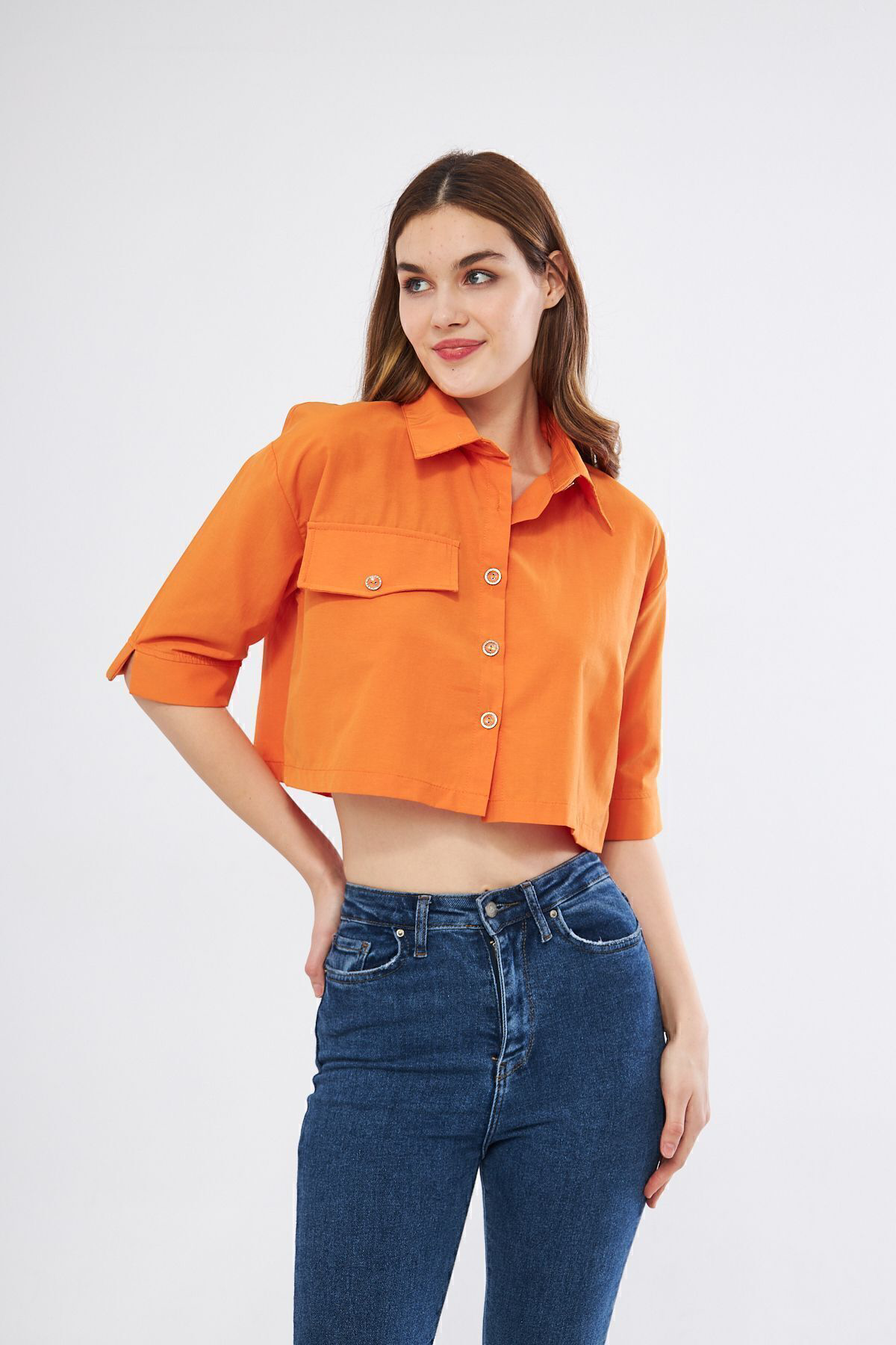 Kadın Crop Cepli Kısa Terrycotton Kaliteli Kumaş Turuncu Gömlek- 