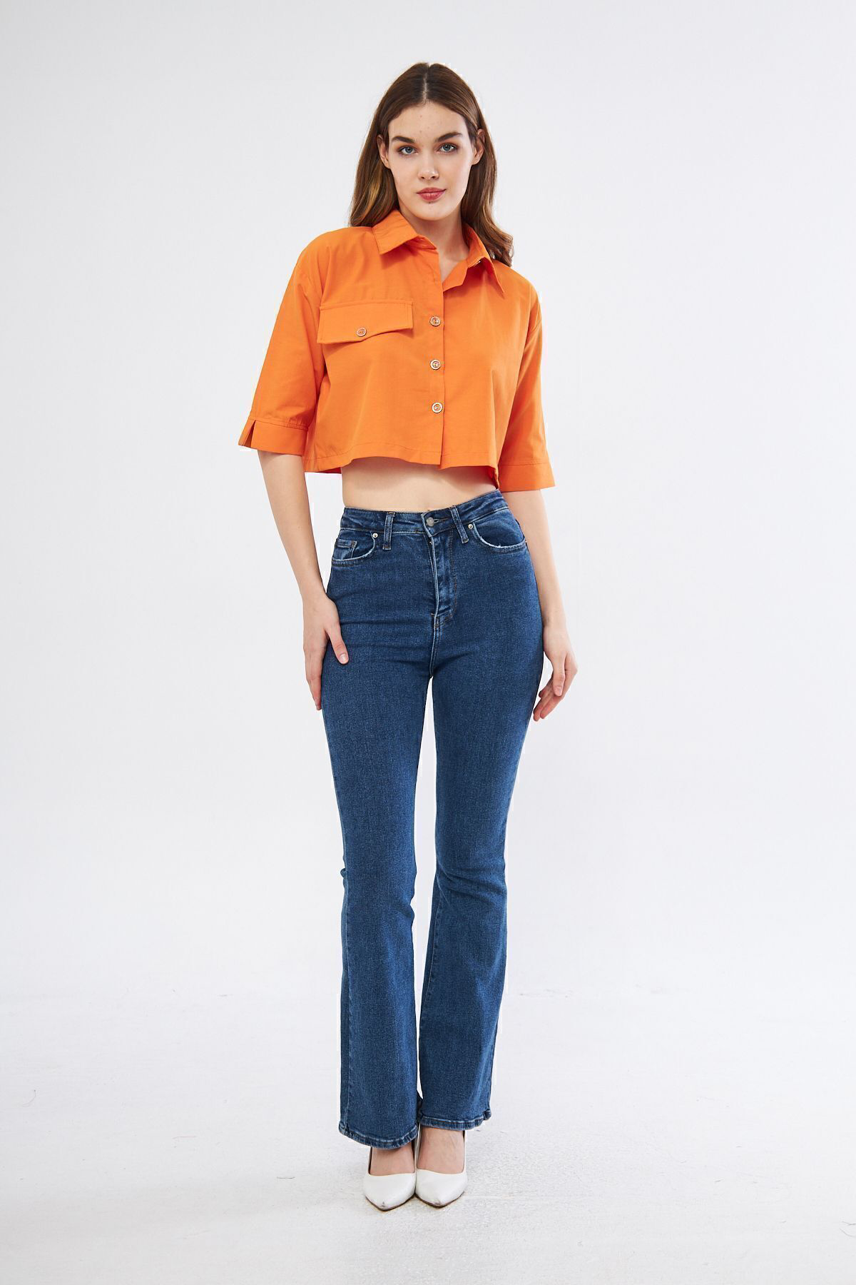 Kadın Crop Cepli Kısa Terrycotton Kaliteli Kumaş Turuncu Gömlek- 