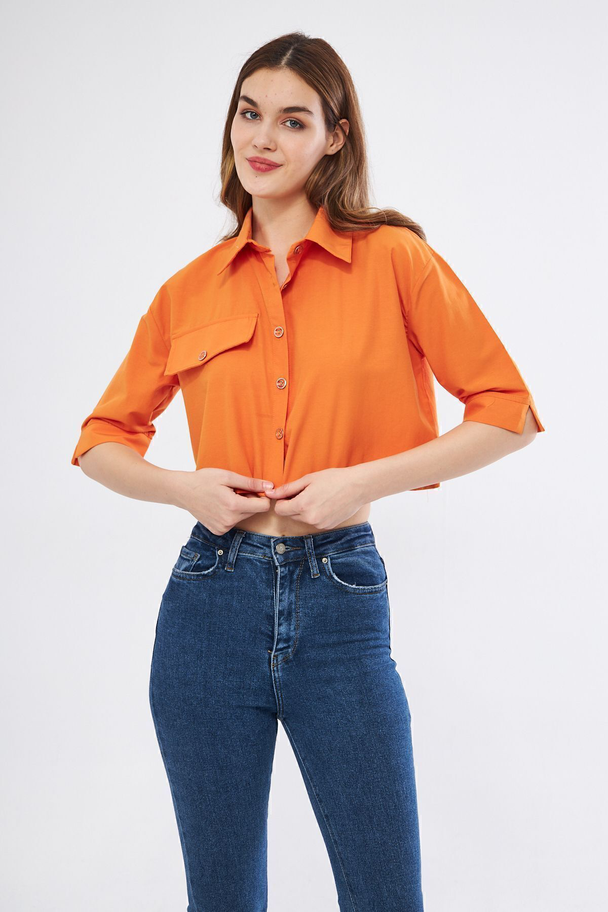 Kadın Crop Cepli Kısa Terrycotton Kaliteli Kumaş Turuncu Gömlek- 