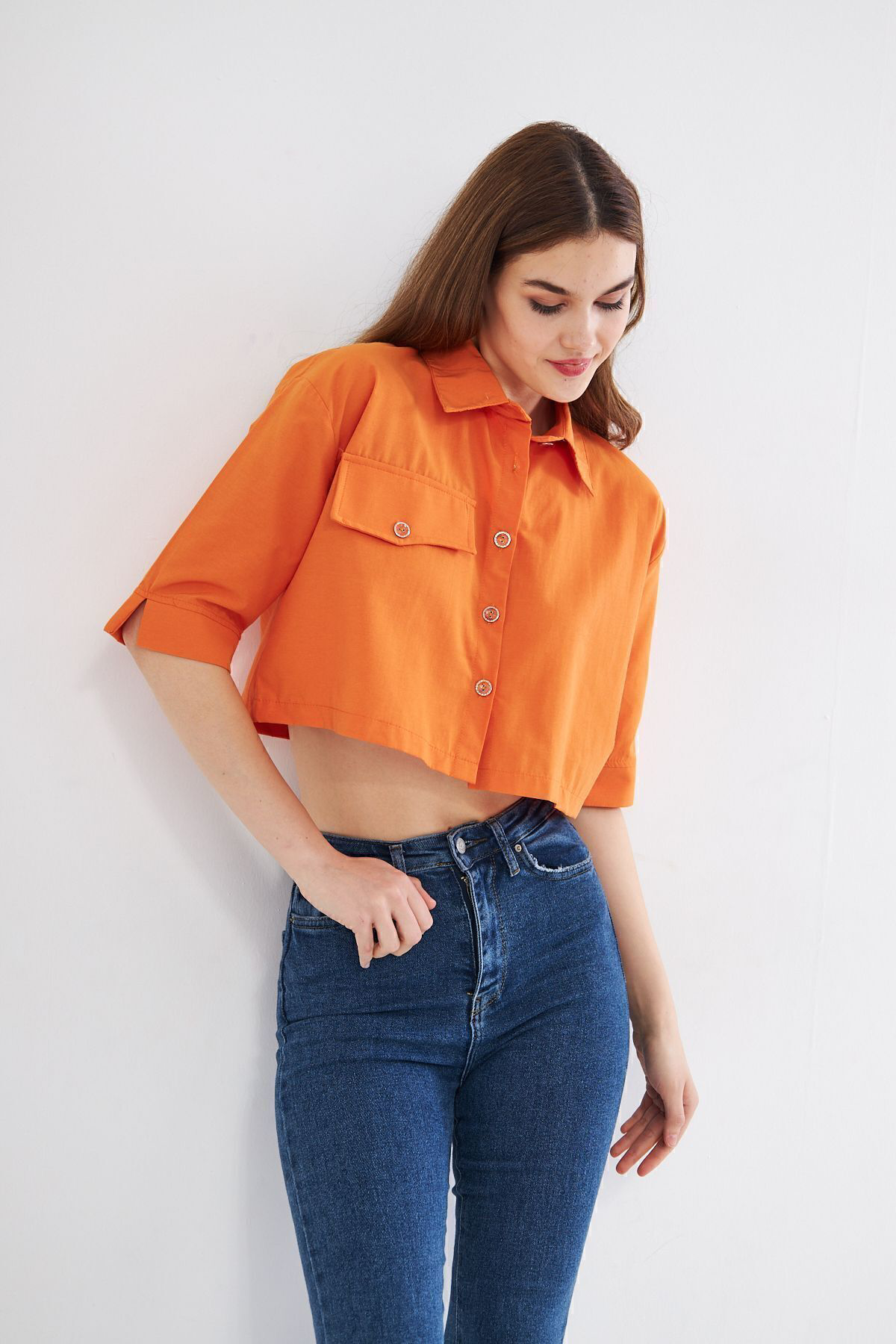 Kadın Crop Cepli Kısa Terrycotton Kaliteli Kumaş Turuncu Gömlek- 
