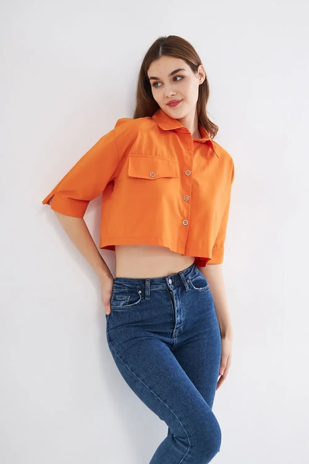 Kadın Crop Cepli Kısa Terrycotton Kaliteli Kumaş Turuncu Gömlek-