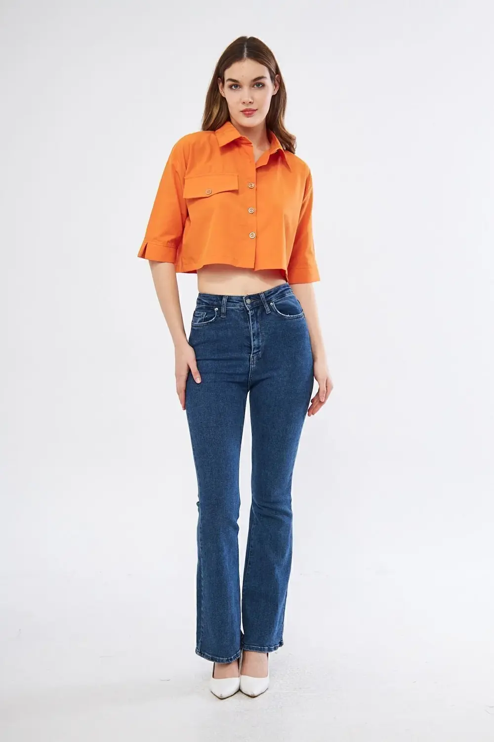 Kadın Crop Cepli Kısa Terrycotton Kaliteli Kumaş Turuncu Gömlek-