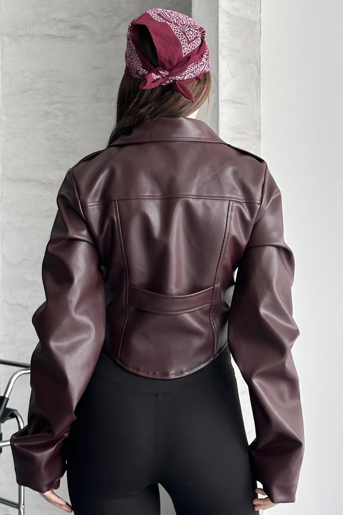 Kadın Crop Deri Ceket - Bordo Yeni Sezon Korse Detaylı