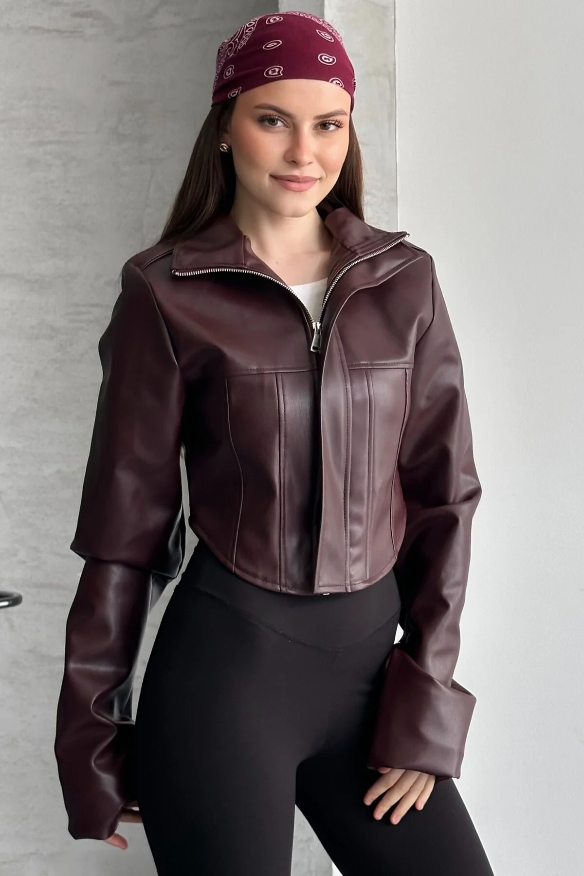 Kadın Crop Deri Ceket - Bordo Yeni Sezon Korse Detaylı