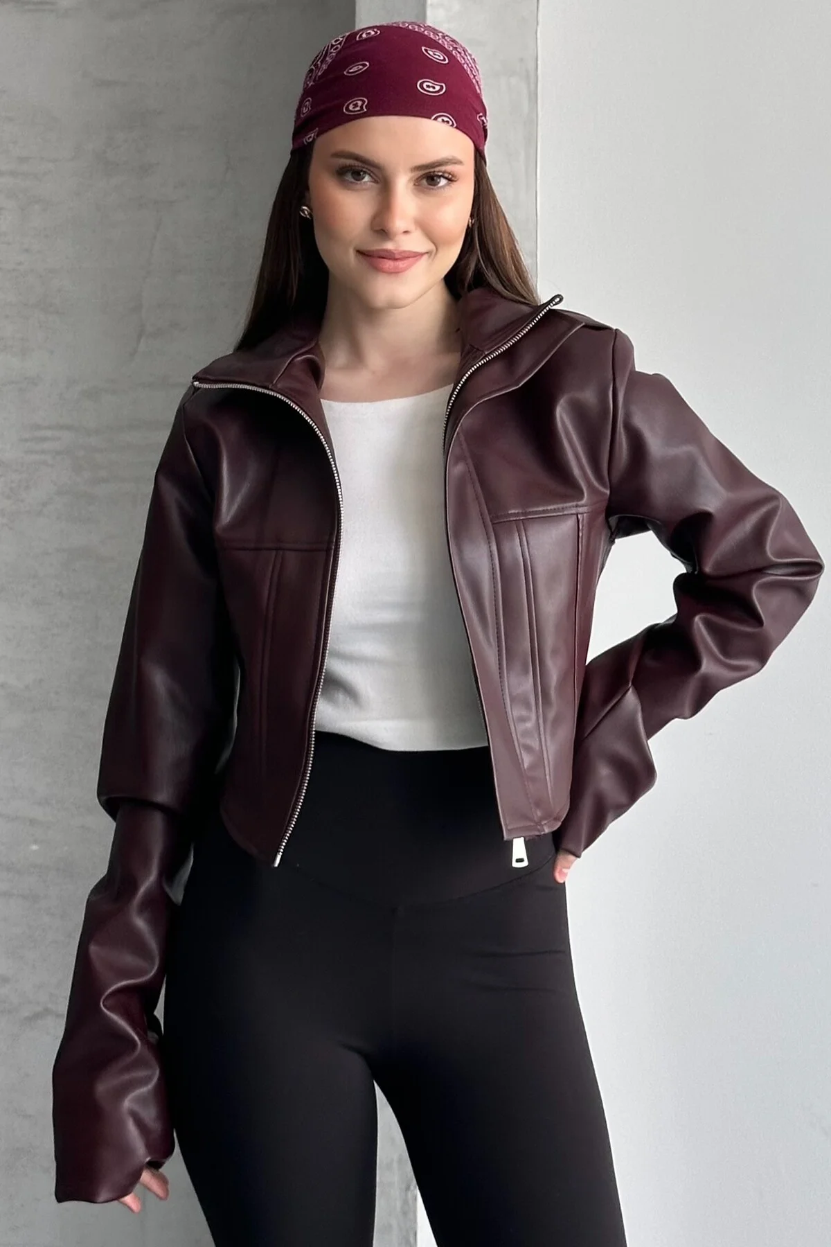 Kadın Crop Deri Ceket - Bordo Yeni Sezon Korse Detaylı