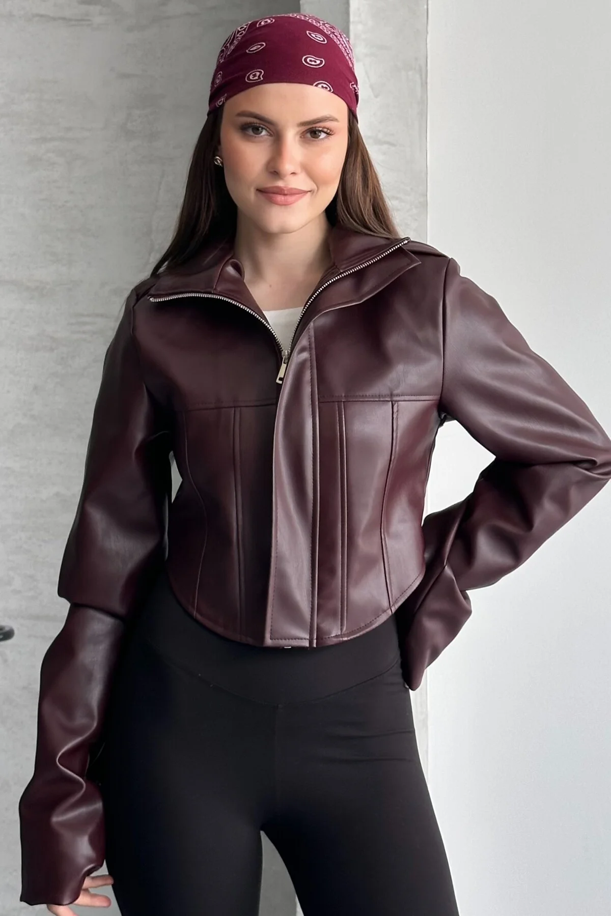 Kadın Crop Deri Ceket - Bordo Yeni Sezon Korse Detaylı
