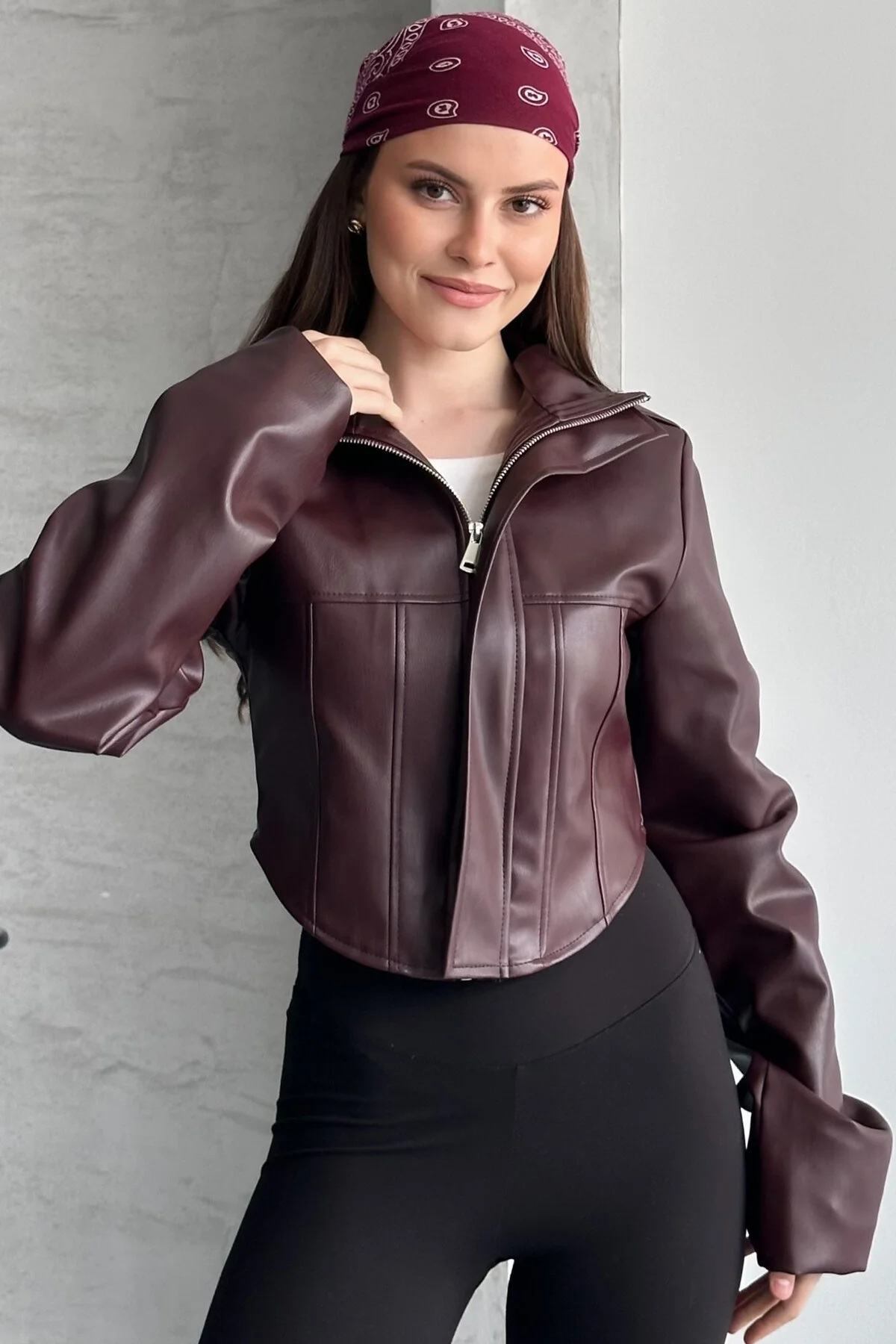 Kadın Crop Deri Ceket - Bordo Yeni Sezon Korse Detaylı
