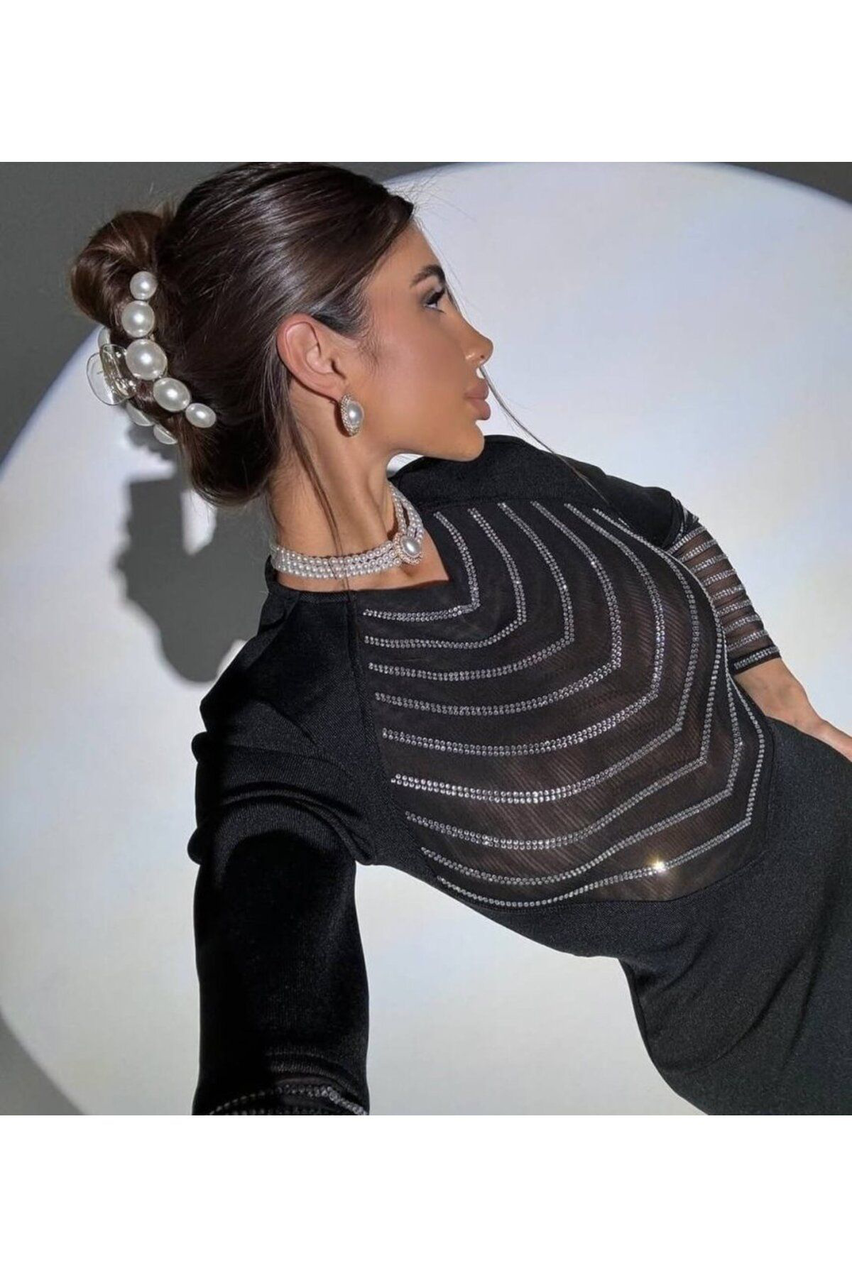 Kadın Dalgıç Kumaş Tül Ve Taş Aksesuarlı Maxi Boy Elbise