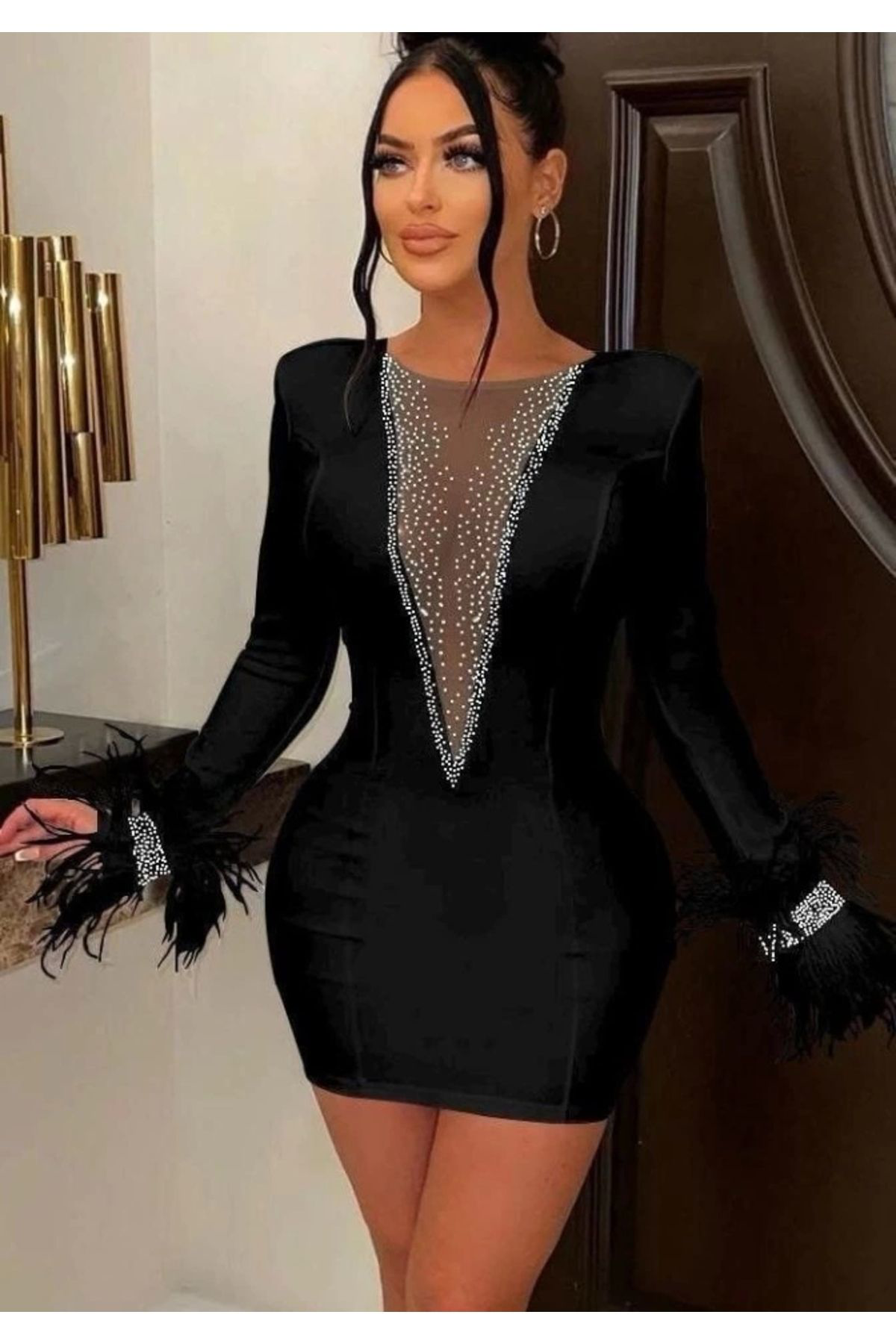 Kadın Dalgıç Kumaş Tül Ve Taş Aksesuarlı Kolları Tüylü Mini Boy E