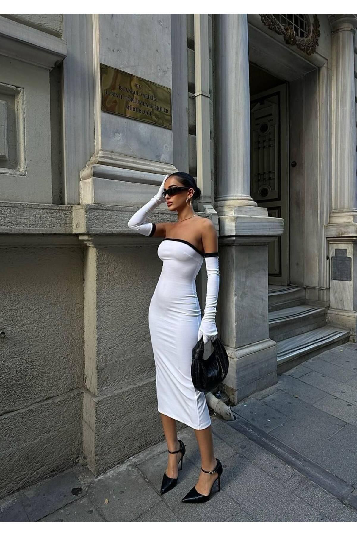 Kadın Dalgıç Kumaş Askısız Yırtmaç Detaylı Elbise