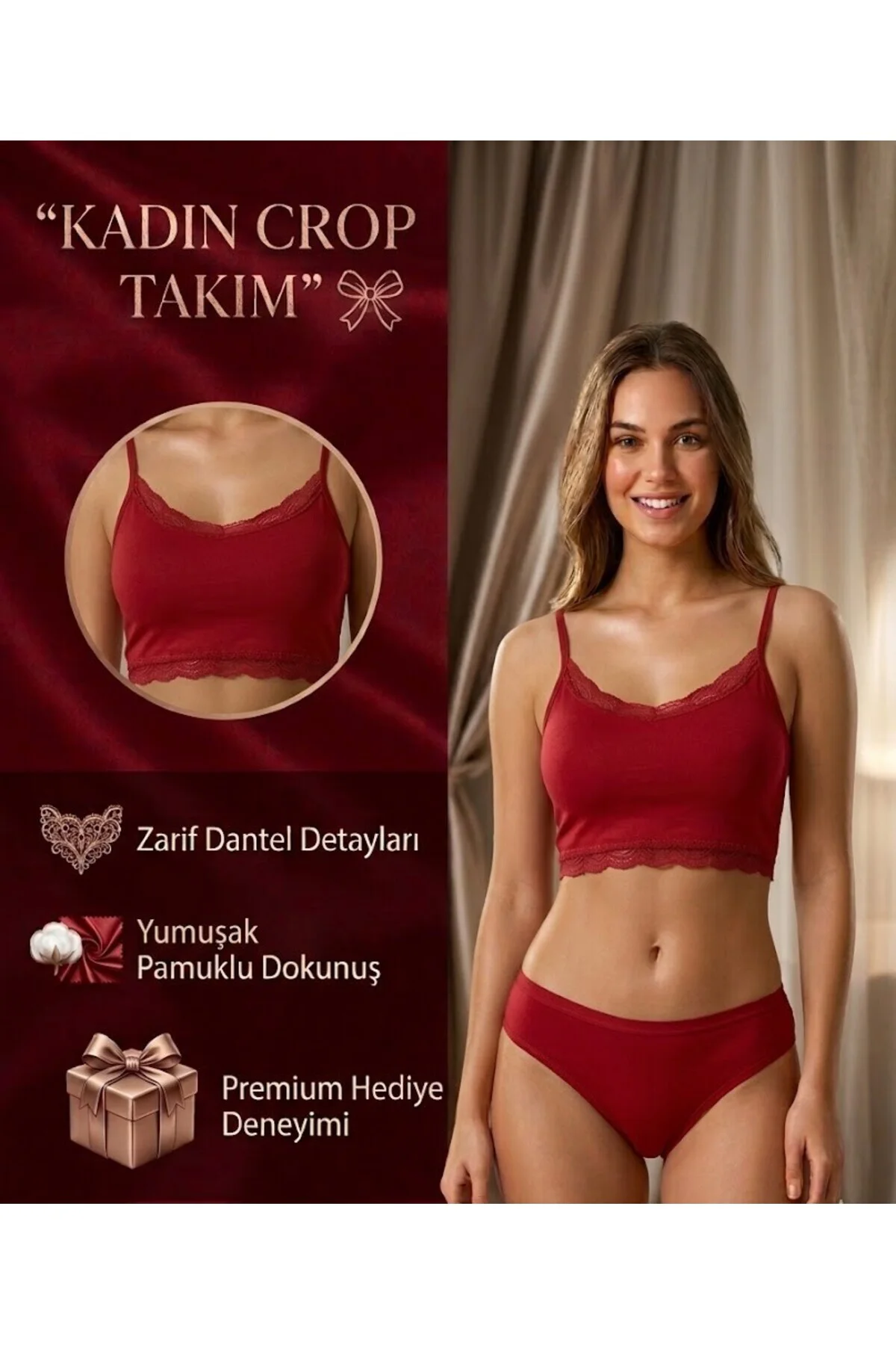 Kadın Dantel Detaylı Kırmızı Crop Alt Üst Takım (Dantelli Atlet+S Kadın Dantel Detaylı Kırmızı Crop Alt Üst Takım (Dantelli Atlet+S