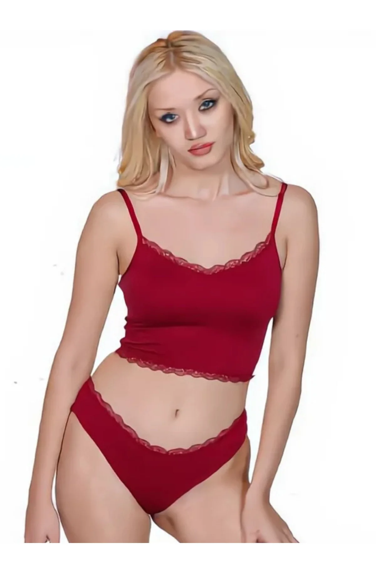 Kadın Dantel Detaylı Kırmızı Crop Alt Üst Takım (Dantelli Atlet+S Kadın Dantel Detaylı Kırmızı Crop Alt Üst Takım (Dantelli Atlet+S