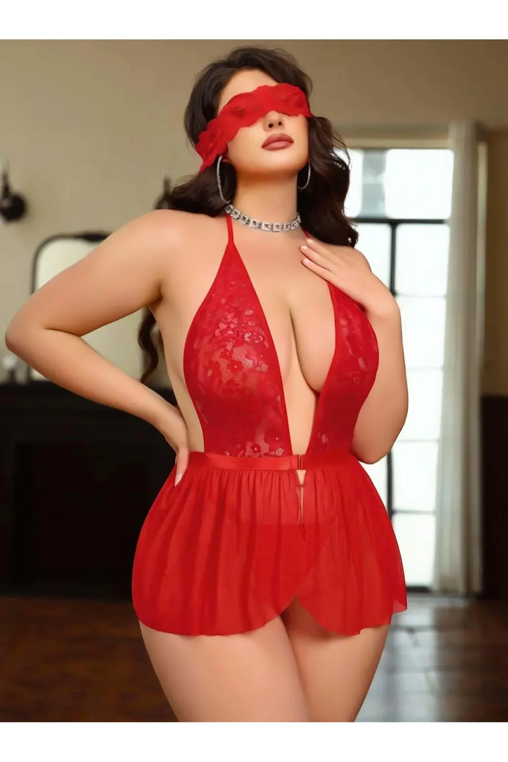 Kadın Dantel Göz Bantlı Boyundan Bağlamalı Fantazi Büyük Beden Ge