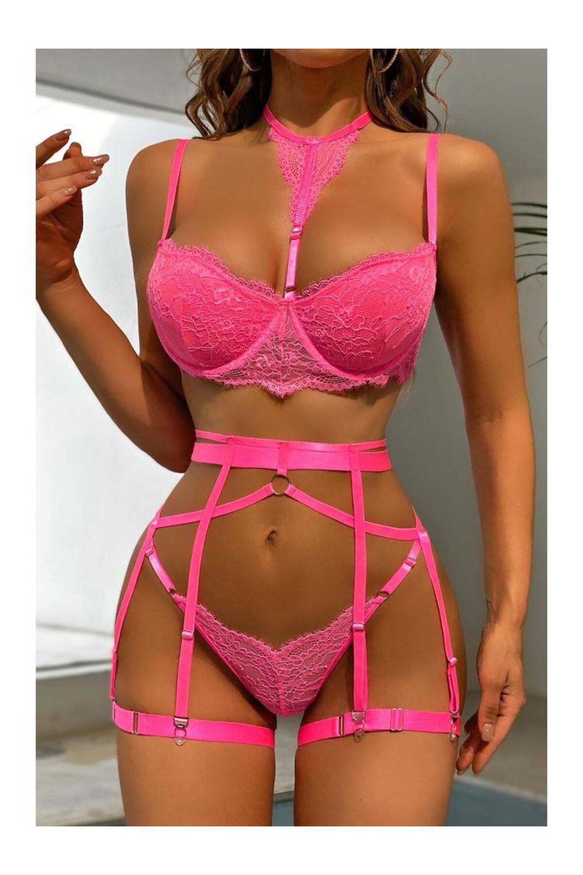 Kadın Dantelli Boyun Askılı Pembe Fantezi Jartiyer Takım - 8425
