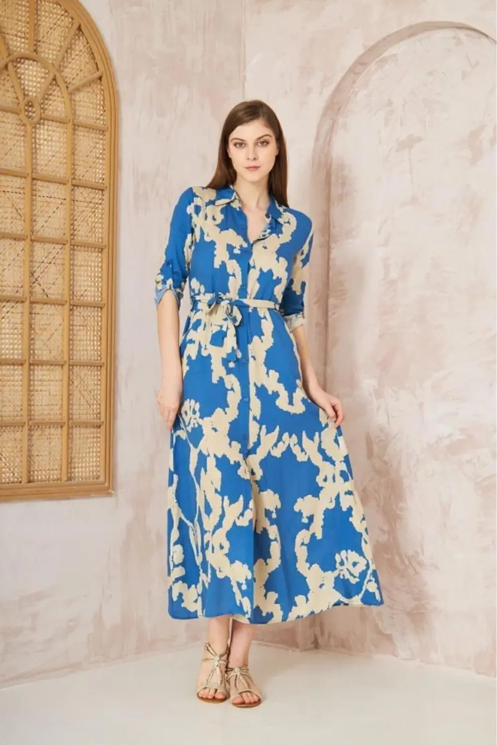 Kadın Dar Kalıp Uzun Kol Bele Oturan %100 Viskon Kemerli Yazlık E