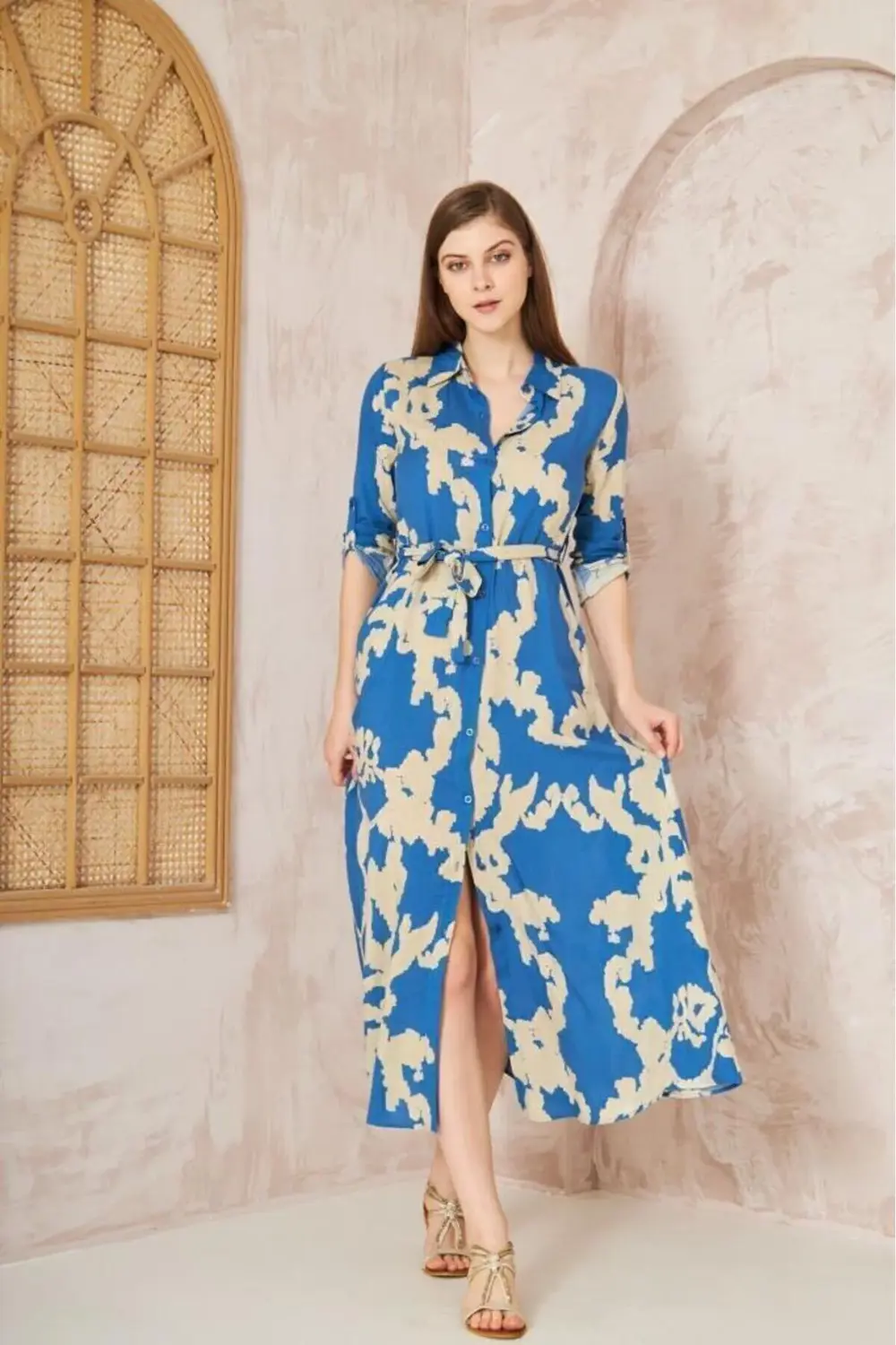 Kadın Dar Kalıp Uzun Kol Bele Oturan %100 Viskon Kemerli Yazlık E