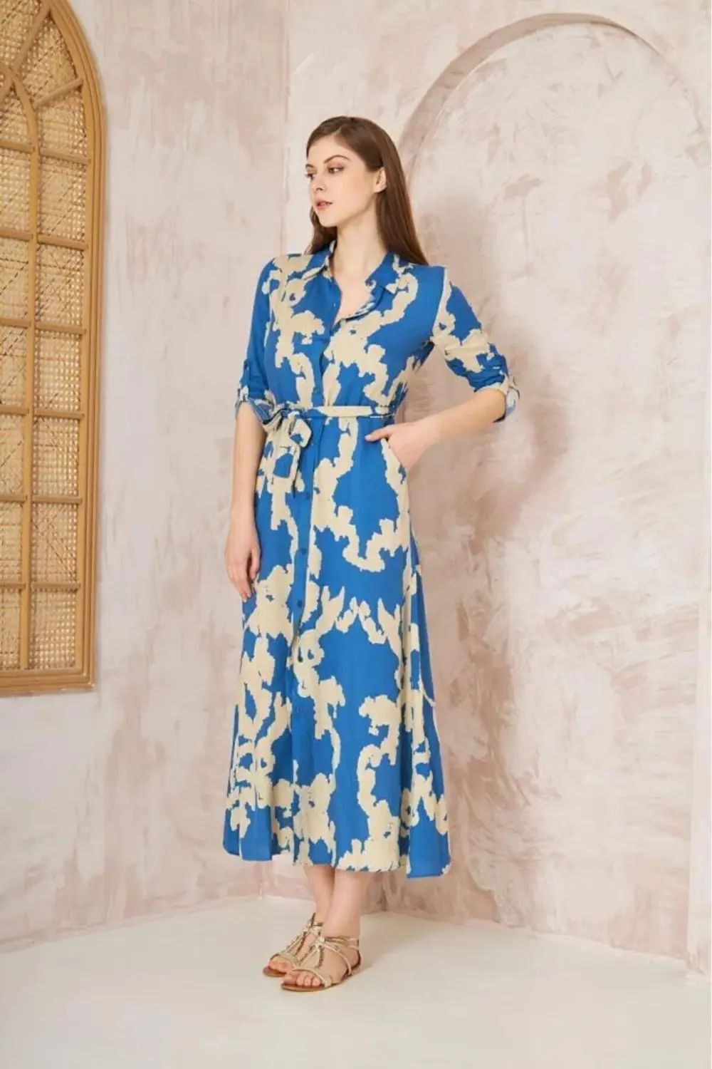 Kadın Dar Kalıp Uzun Kol Bele Oturan %100 Viskon Kemerli Yazlık E