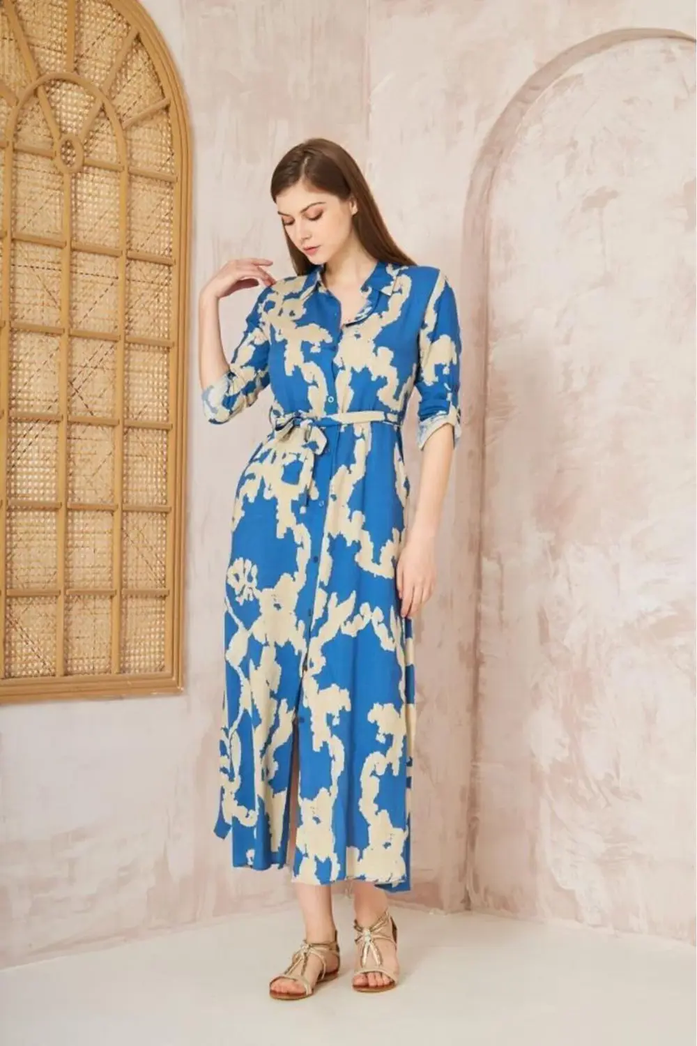 Kadın Dar Kalıp Uzun Kol Bele Oturan %100 Viskon Kemerli Yazlık E