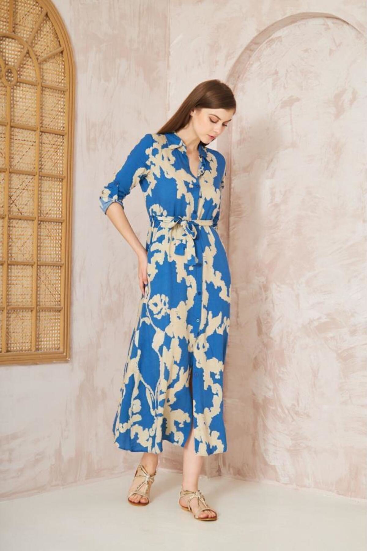 Yıldızistan Kadın Dar Kalıp Uzun Kol Bele Oturan %100 Viskon Kemerli Yazlık E