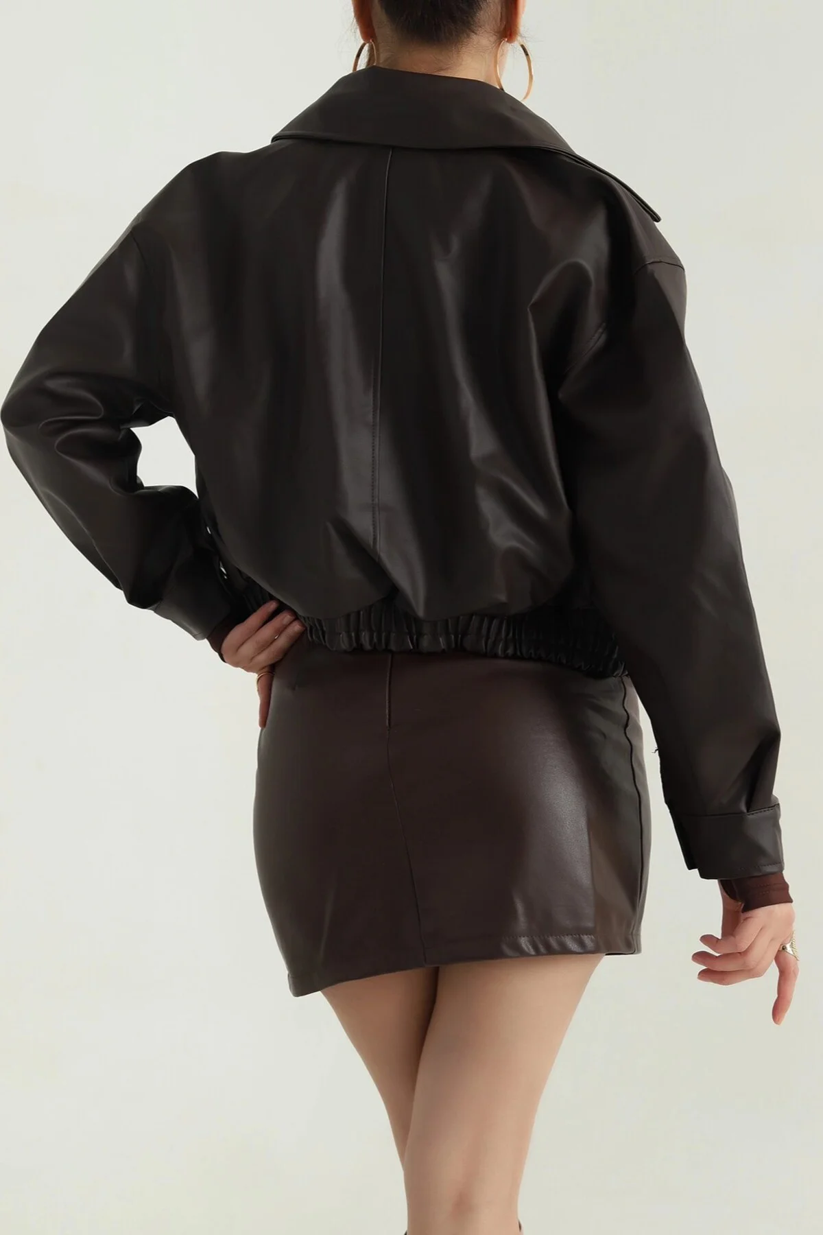 Kadın Deri Bomber Ceket - Yeni Sezon Oversize Crop Suni Deri Mont