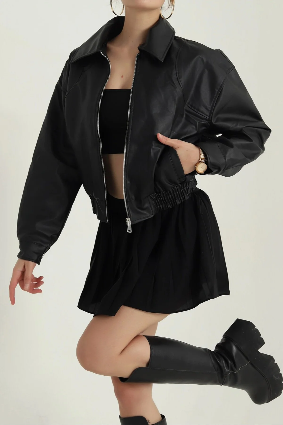 Kadın Deri Bomber Ceket - Yeni Sezon Oversize Crop Suni Deri Mont (Siyah / Kahverengi / Bordo)