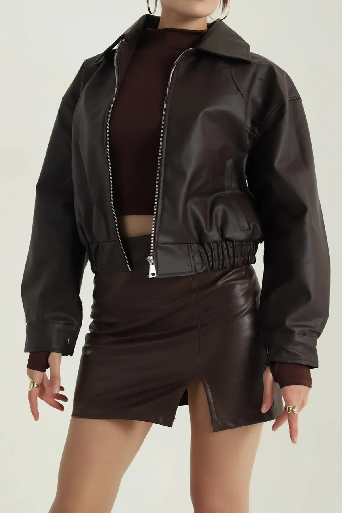 Kadın Deri Bomber Ceket - Yeni Sezon Oversize Crop Suni Deri Mont
