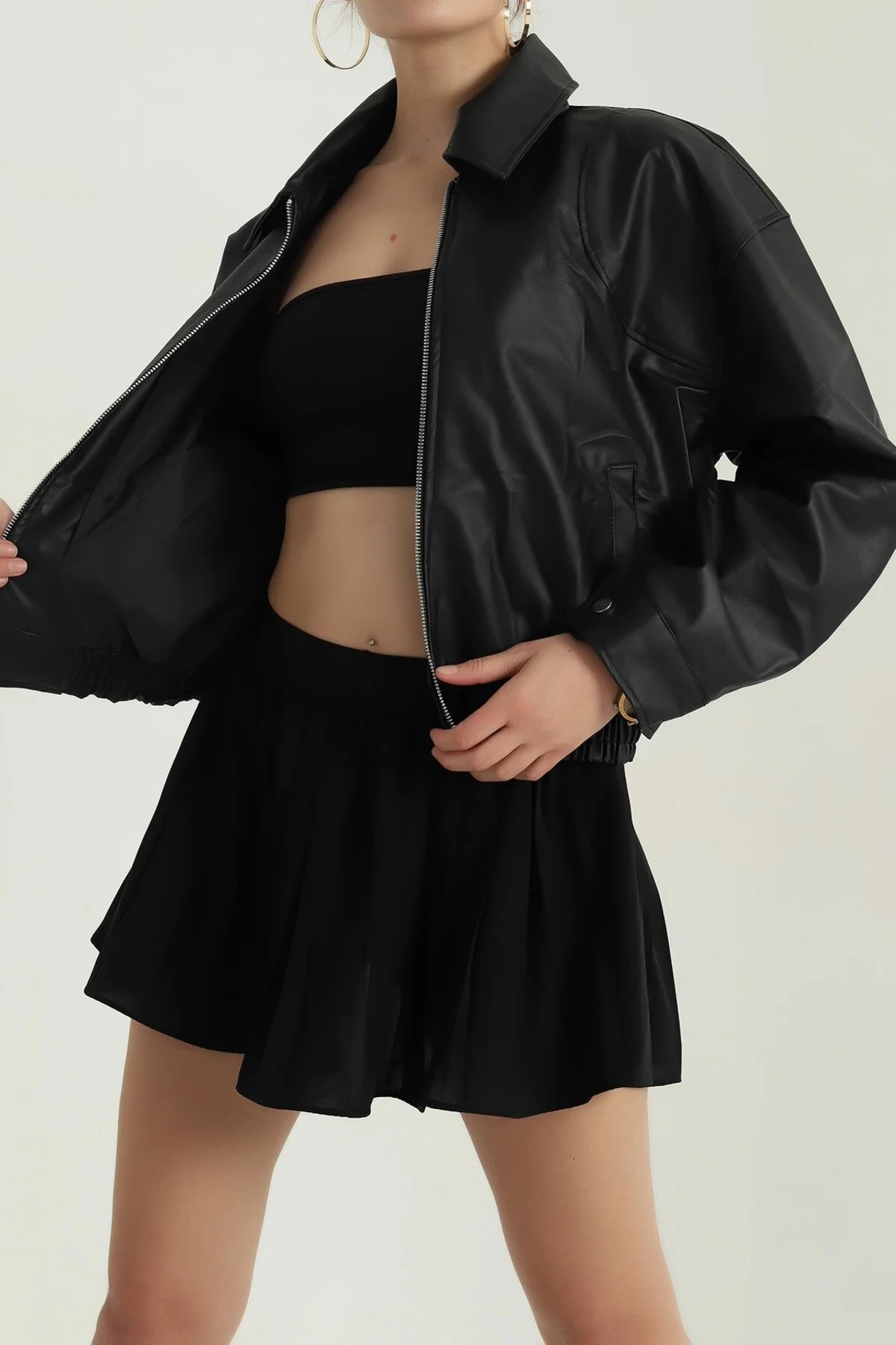 Kadın Deri Bomber Ceket - Yeni Sezon Oversize Crop Suni Deri Mont (Siyah / Kahverengi / Bordo)