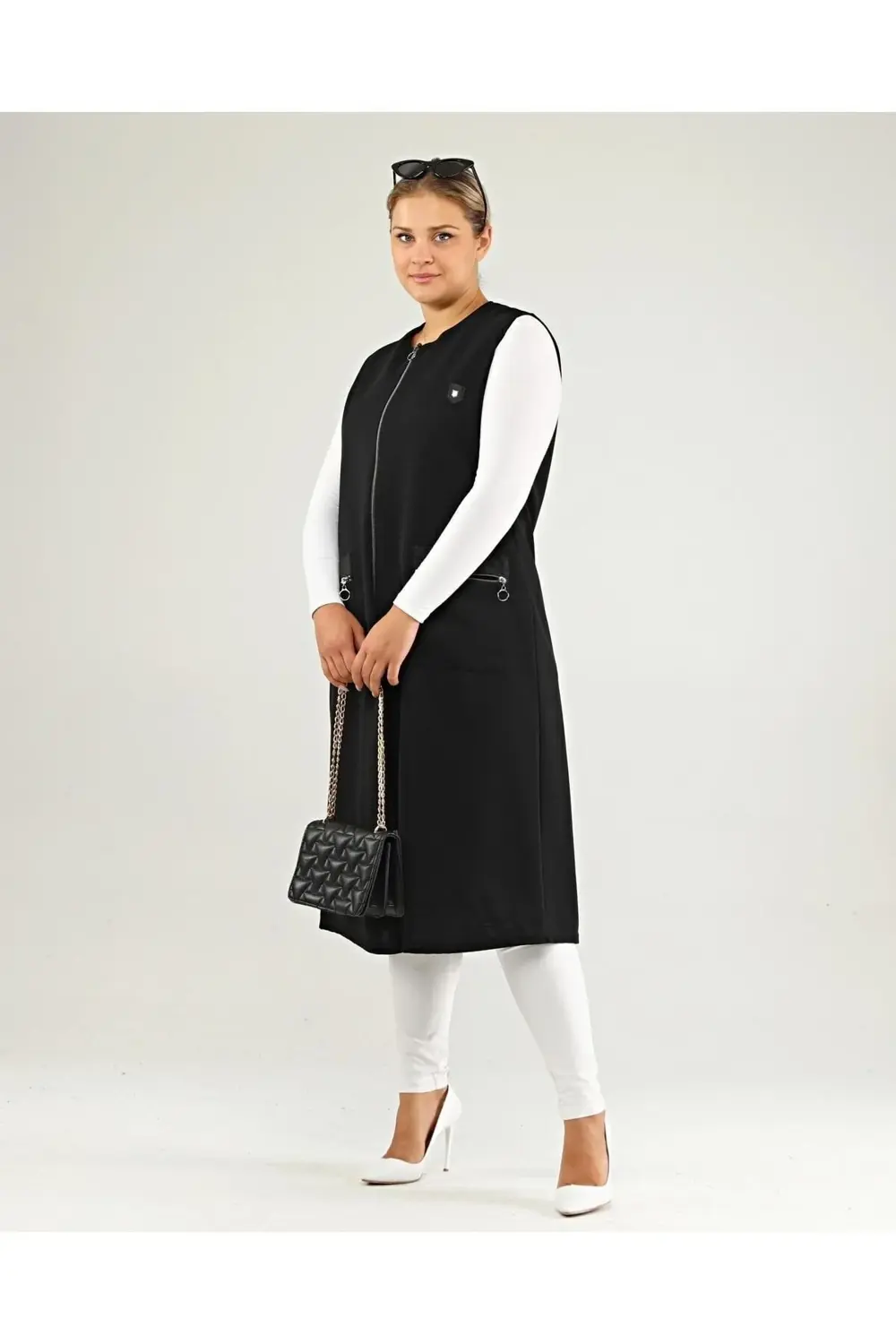 Kadin Deri Cepli Buyuk Beden Uzun Yelek Siyah