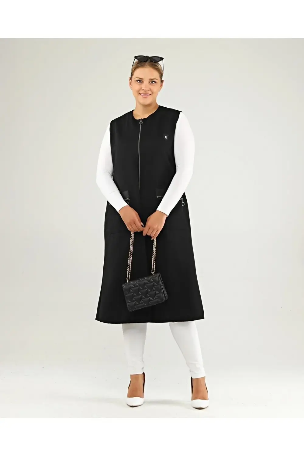 Kadin Deri Cepli Buyuk Beden Uzun Yelek Siyah