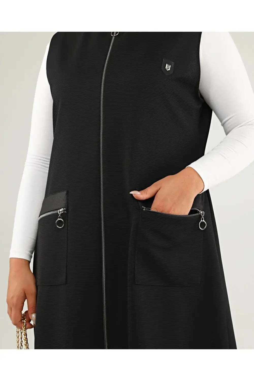 Kadin Deri Cepli Buyuk Beden Uzun Yelek Siyah