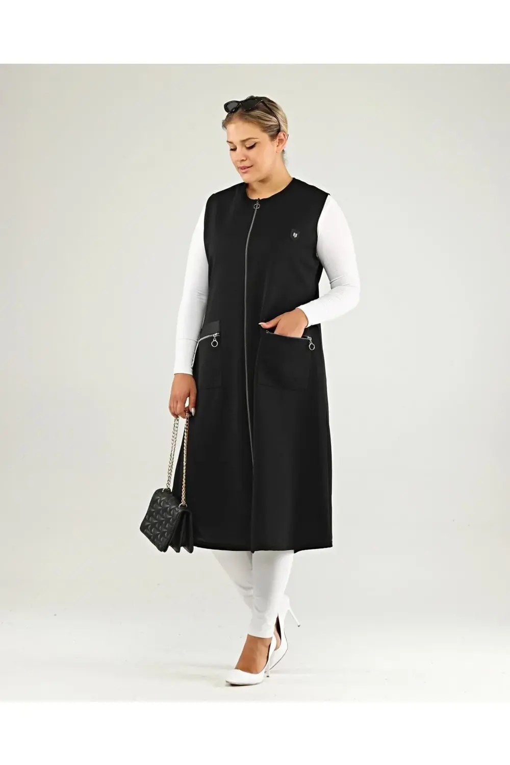 Kadin Deri Cepli Buyuk Beden Uzun Yelek Siyah