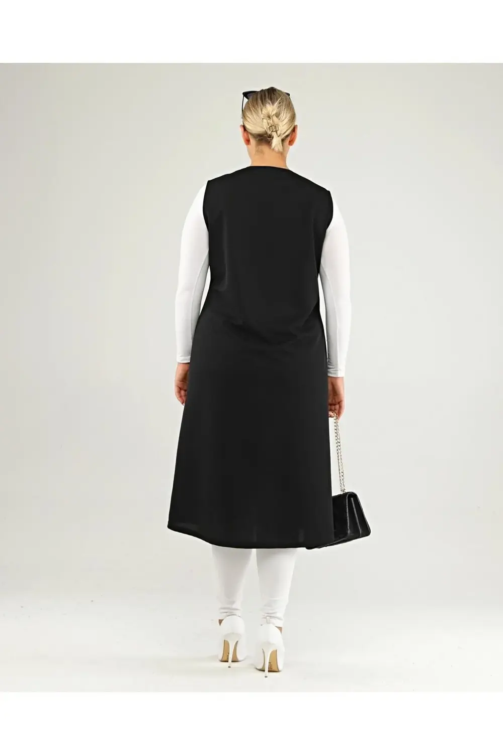 Kadin Deri Cepli Buyuk Beden Uzun Yelek Siyah