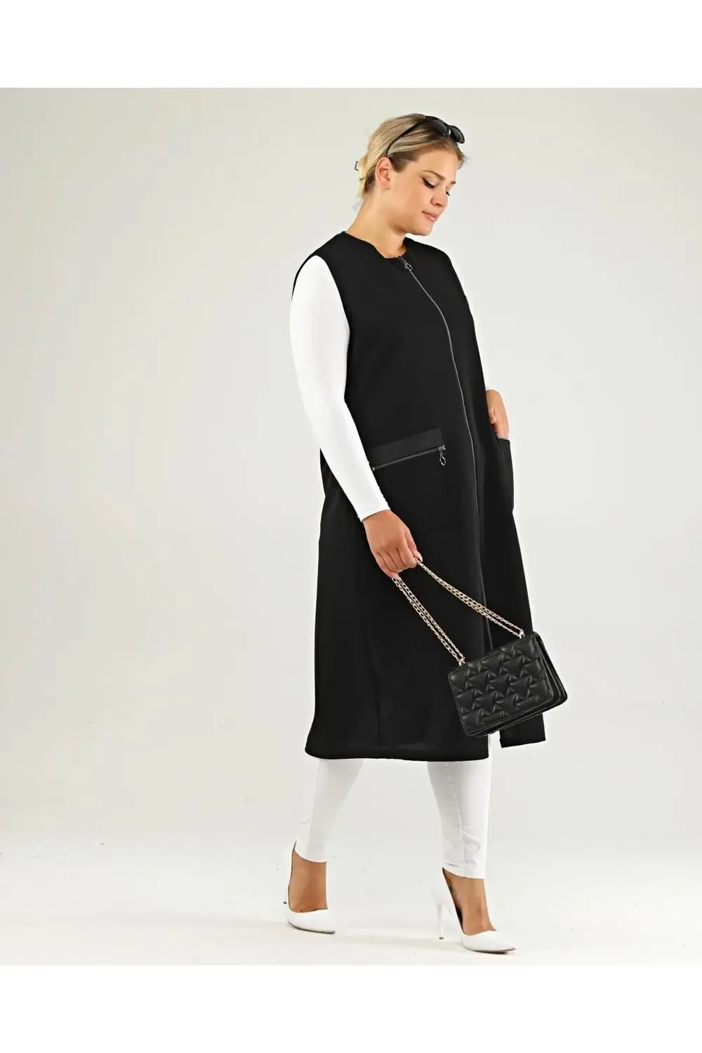 Kadin Deri Cepli Buyuk Beden Uzun Yelek Siyah